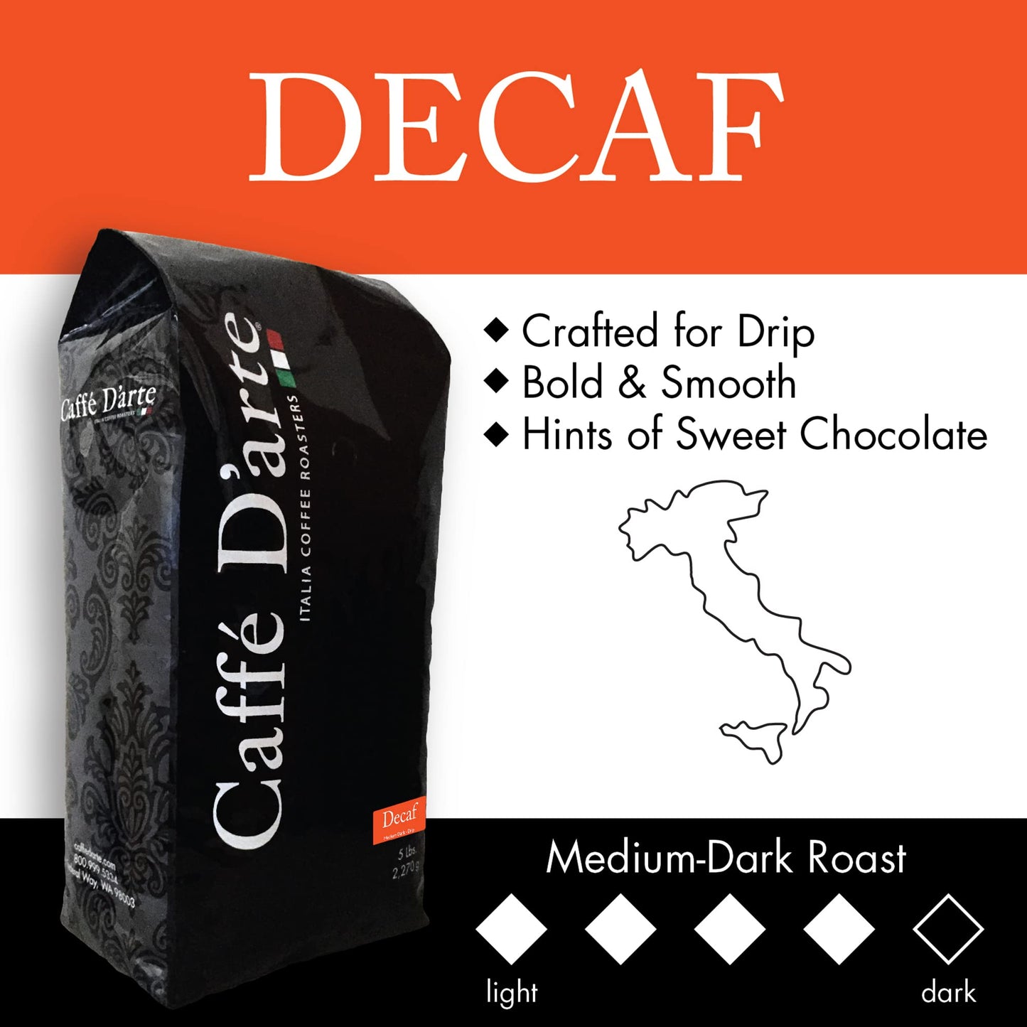 Caffe D 'Arte Decaf Whole Bean Espresso Coffee, 5 Pounds