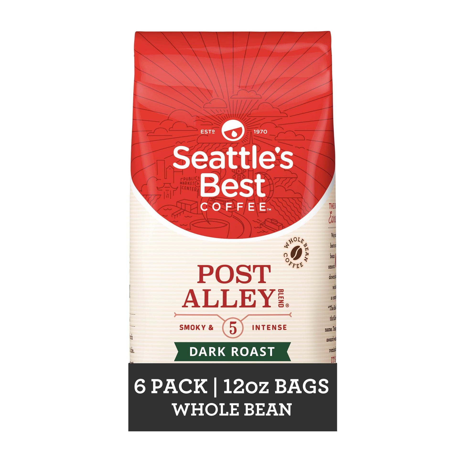 Seattles Best Coffee Post Alley Blend Dark Roast Whole Bean Coffee, 12 Ounce Bags, Pack of 6