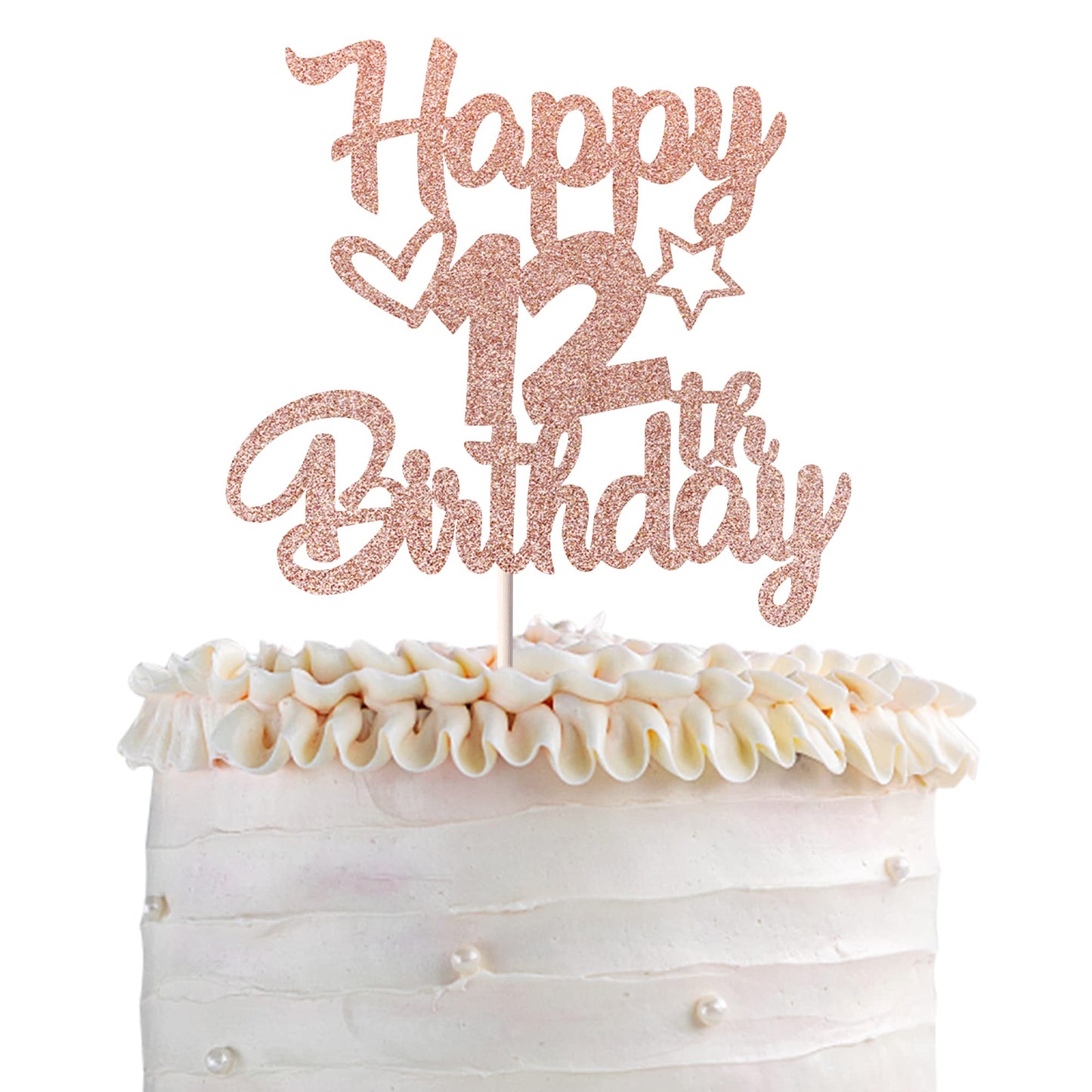 YCTHUNFISH Happy 12th Birthday Cake Topper Glitter Heart Star, Rose Gold, 5.4x9.2 inches, Cake Decorations for Children