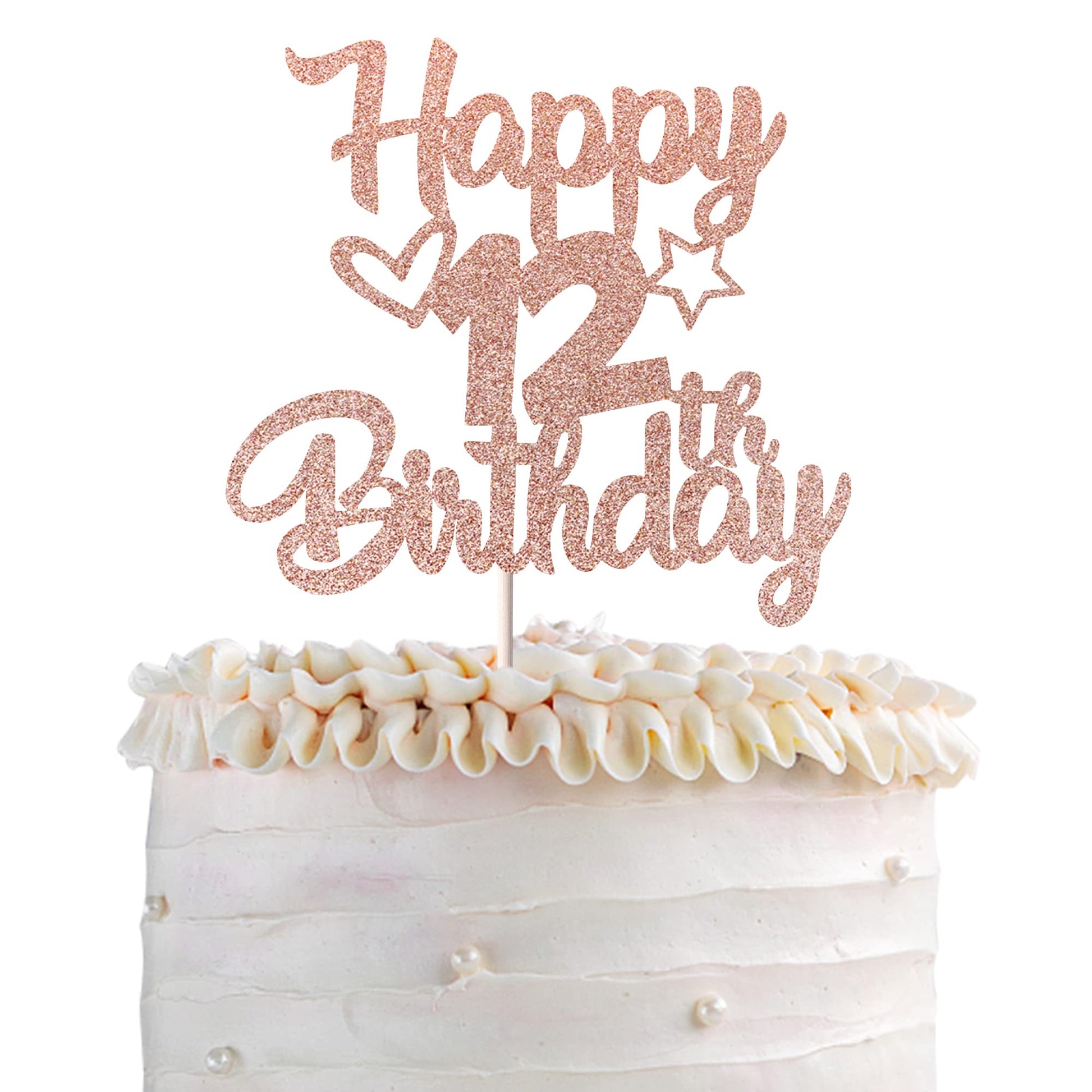 YCTHUNFISH Happy 12th Birthday Cake Topper Glitter Heart Star, Rose Gold, 5.4x9.2 inches, Cake Decorations for Children