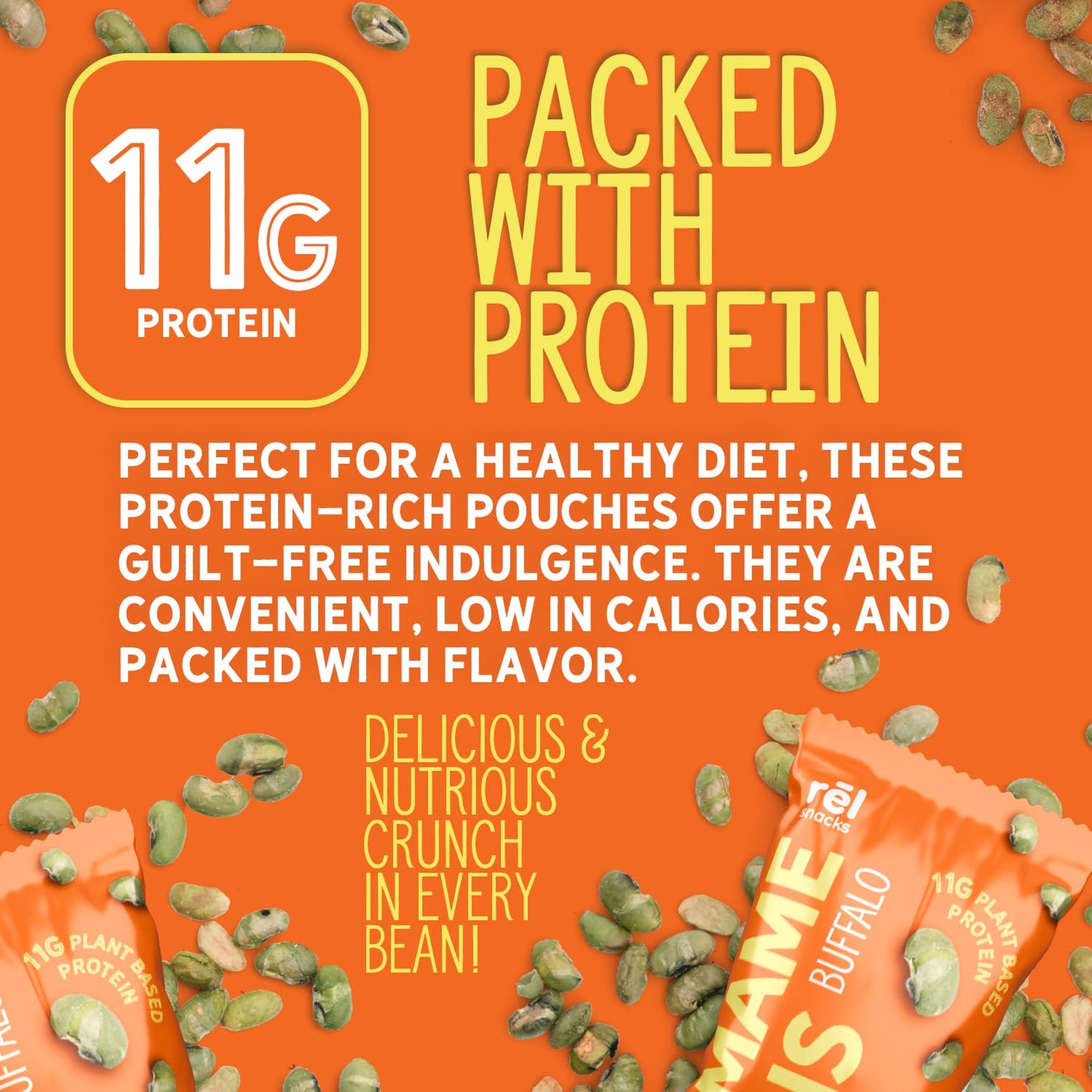 Rel Snacks Buffalo Roasted Edamame - High Protein Low Carb Snack (11g Protein per Serving) - Keto-Friendly, Vegan, Non-GMO - 10-