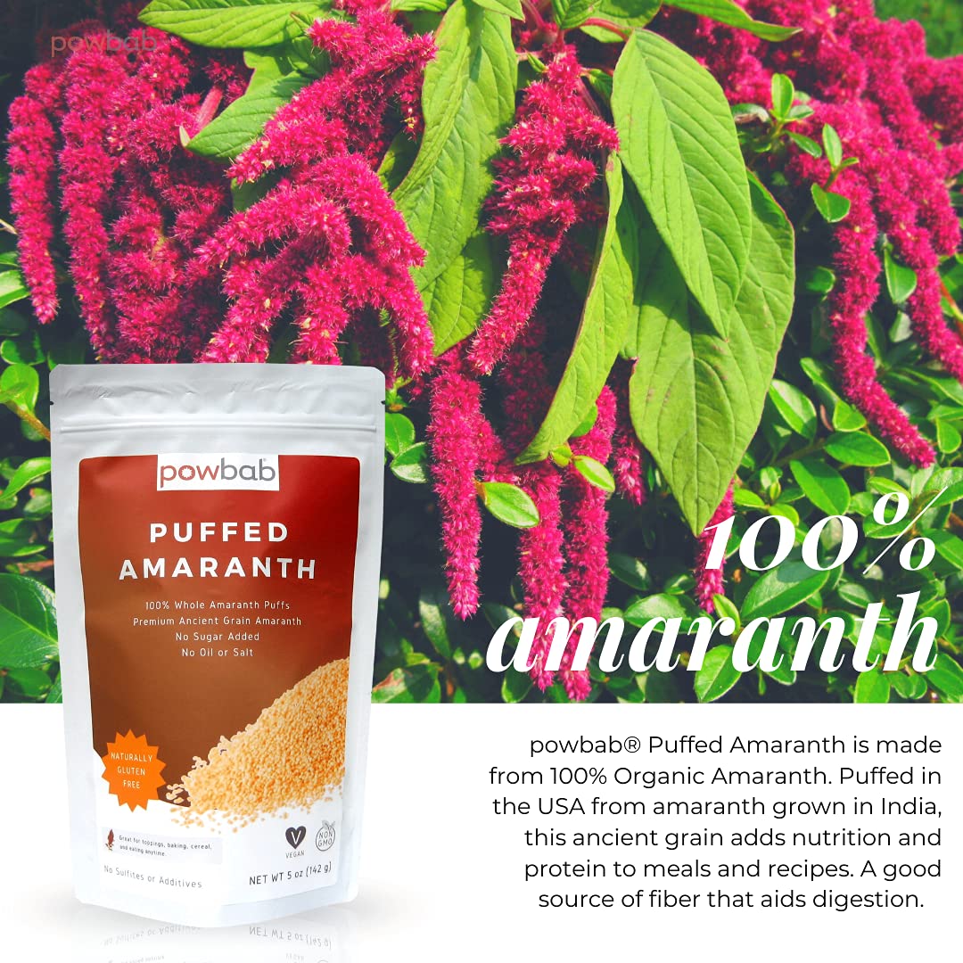 Powbab Puffed Amaranth - 100% Organic Amaranth Popped In Usa Whole Puffs. Good Protein Source, No Oil Or Salt, No Sugar Added, Unsweetened Cereal. Expanded Amaranth Grain Seeds In Bulk, Non-Gmo (5 Oz)