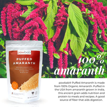 Powbab Puffed Amaranth - 100% Organic Amaranth Popped In Usa Whole Puffs. Good Protein Source, No Oil Or Salt, No Sugar Added, Unsweetened Cereal. Expanded Amaranth Grain Seeds In Bulk, Non-Gmo (5 Oz)