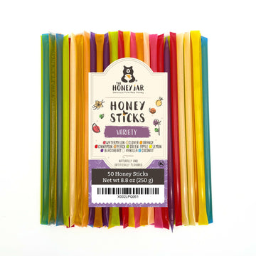 The Honey Jar Raw Honey Sticks Variety Pack - 50 Count - Pure Honey Straws for Tea & Coffee