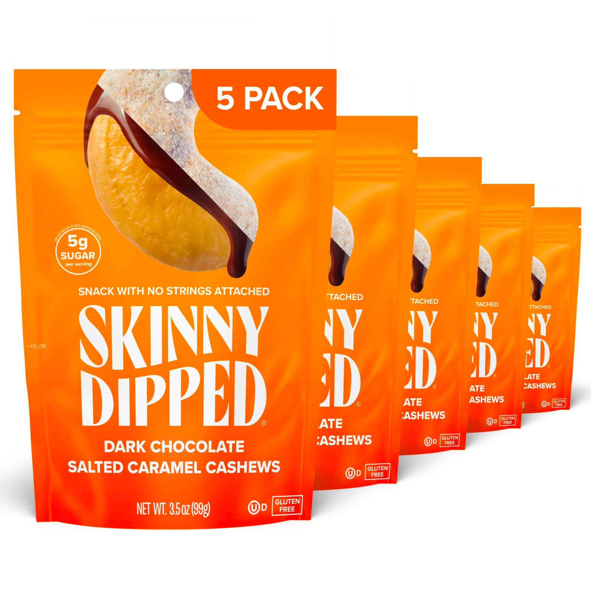 SkinnyDipped Salted Caramel Cashews, Healthy Snack, Plant Protien, Gluten Free, 3.5oz Resealable Bags, Pack of 5