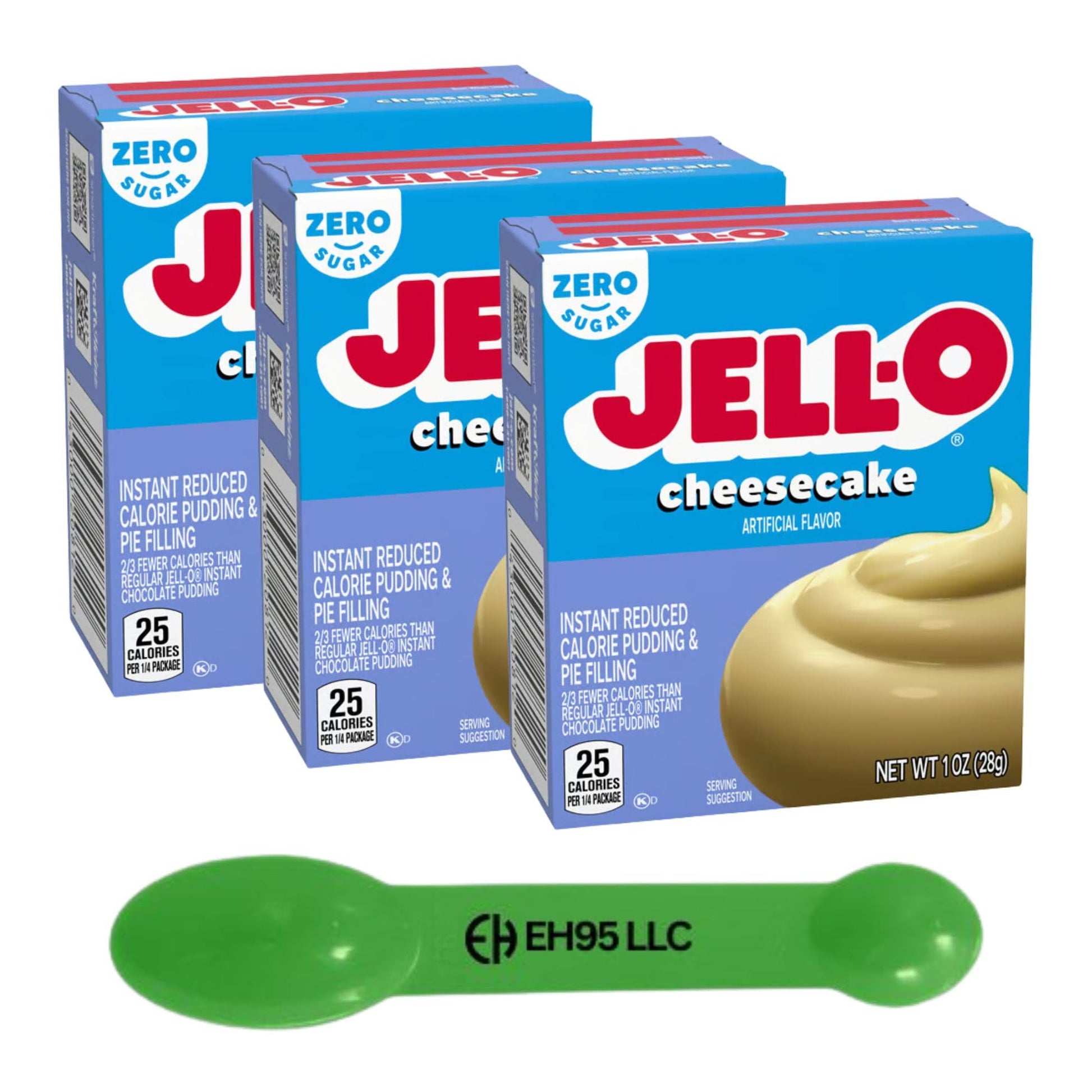 EH95 LLC Jello Cheesecake Instant Pudding Mix, Zero Sugar, (Pack of 3), 1 oz Pouches, Includes 2 in 1 Measuring Spoon
