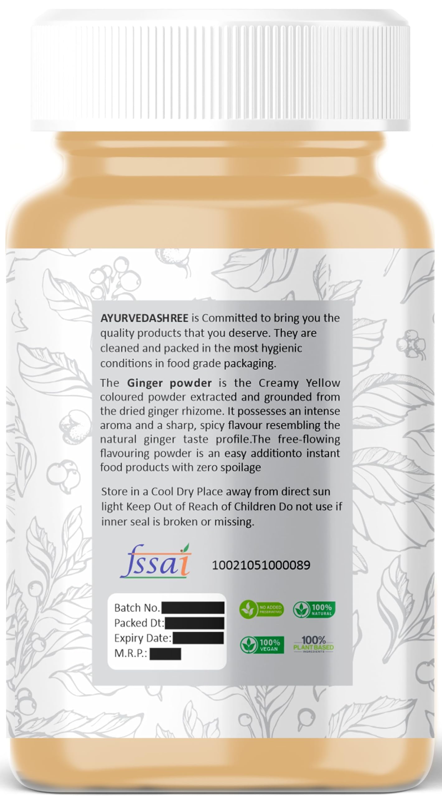 AYURVEDASHREE Ginger (Adarak) Powder Ground, Spice 100gm PET Jar | All Natural | Vegan | NON-GMO | Indian Origin | Saunth Powder