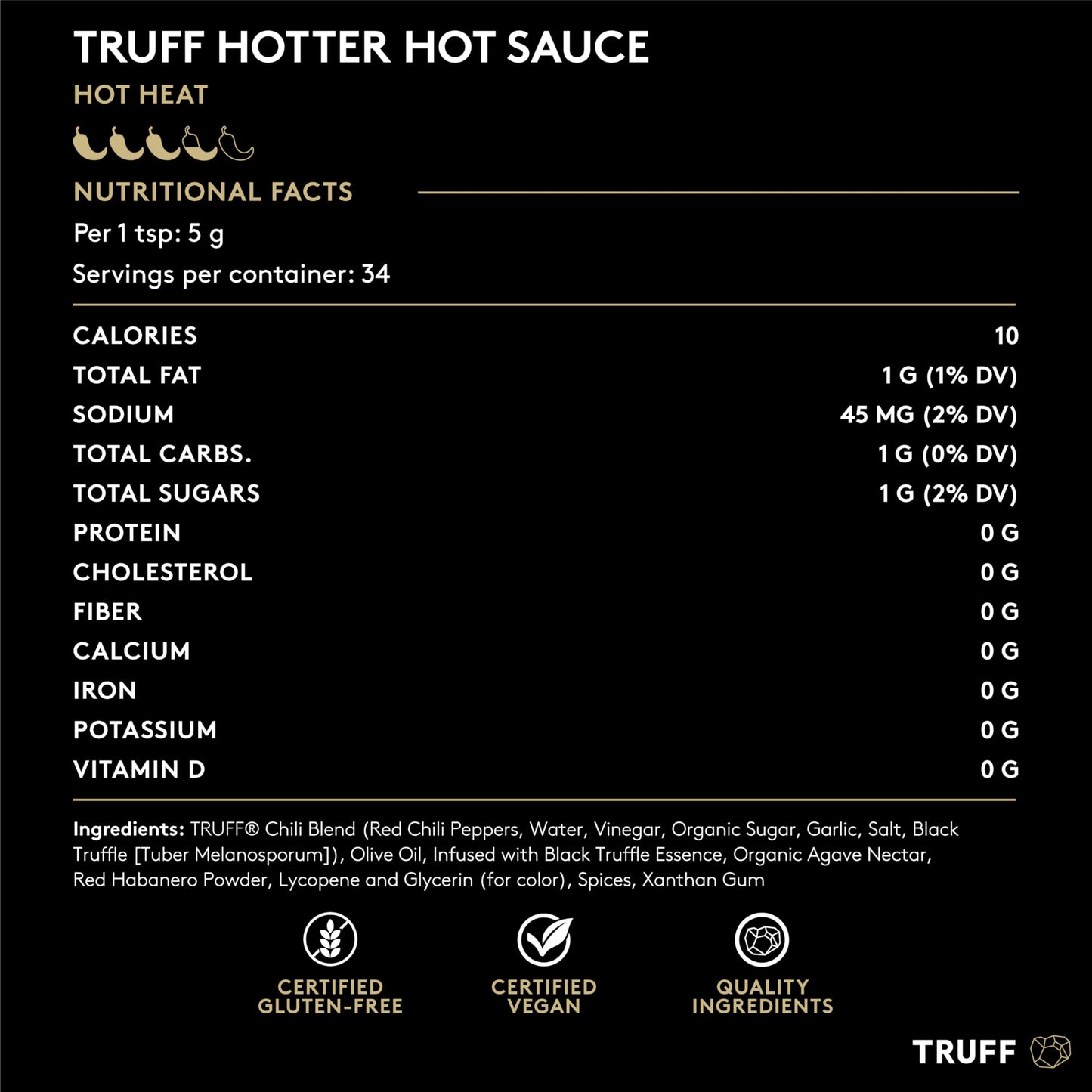 Truff Hotter Black Truffle Hot Sauce, Gourmet Hot Sauce With Jalapeo, Red Chili Peppers With More Heat, Black Truffle Oil, Agave