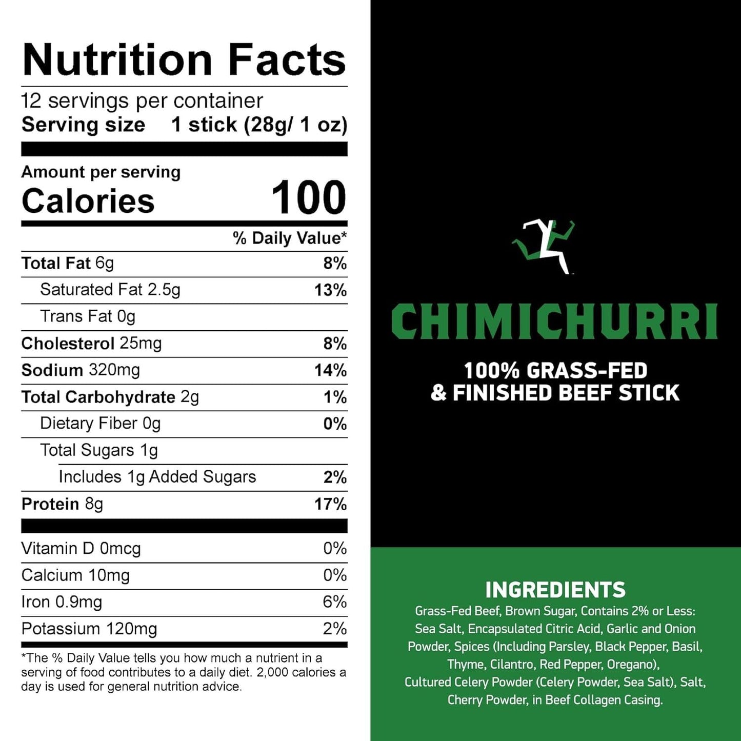 (Pack Of 2) Beef Sticks, Chimichurri (12 Sticks X 1 Oz/Stick), Net Weight 12 Ounce- 100% Grass Fed Beef, 100 Calories Per Stick,
