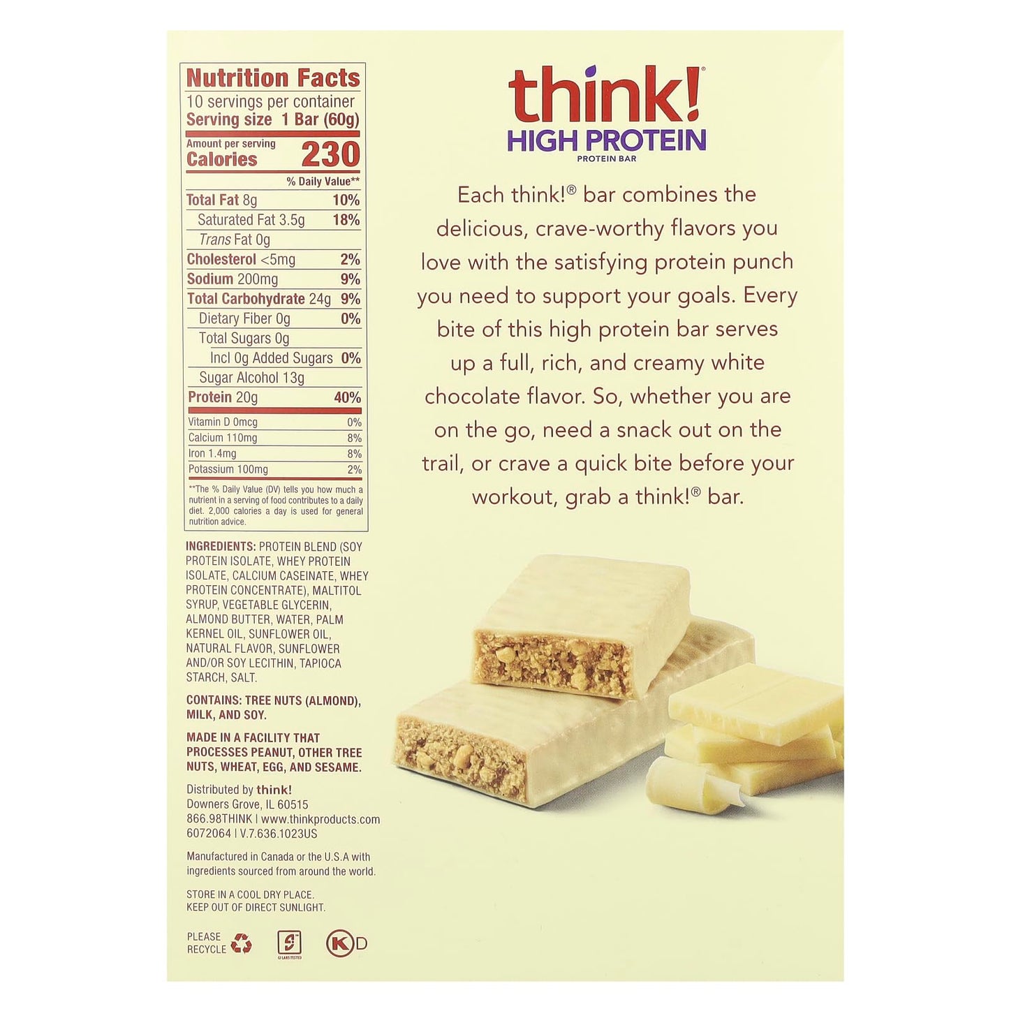 Think ! High Protein Bars, White Chocolate, 10 Bars, 2.1 oz (60 g) Each