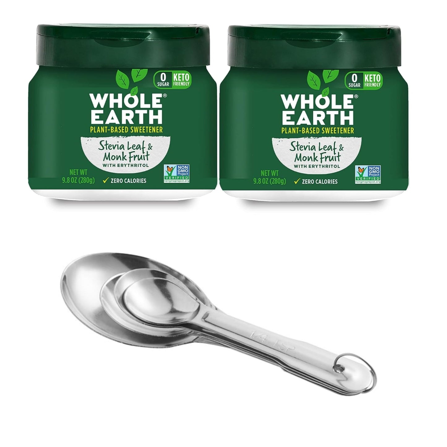 LuxProdX Stevia and Monk Fruit Sweetener with Erythritol, 9.8 Ounce (Pack of 2) + 4-Piece Stainless Steel Measuring Spoon Set