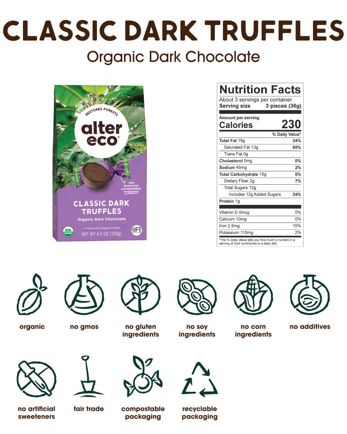 Alter Eco |Classic Dark Chocolate Truffles | Pure Dark Cocoa, Fair Trade, Organic, Non-Gmo, Gluten Free | 40 Truffles
