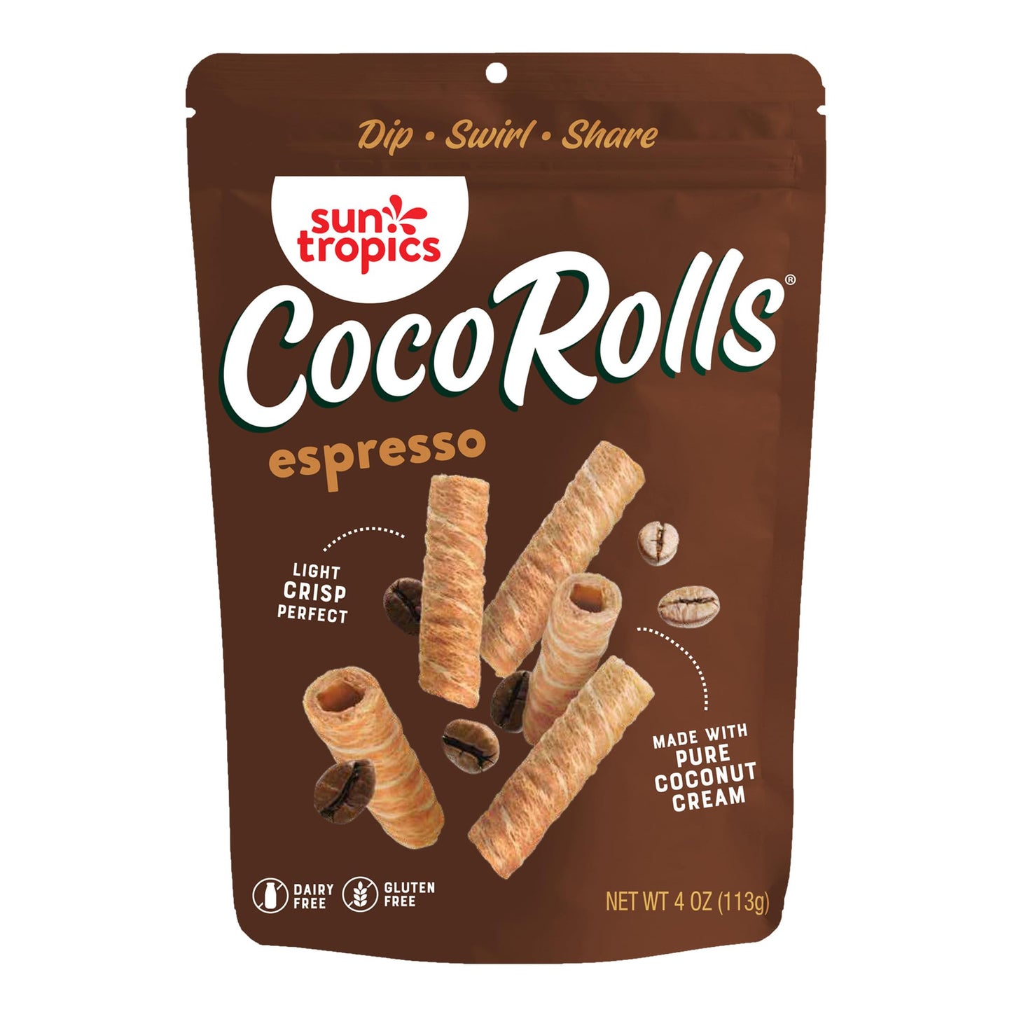 Sun Tropics Cocorolls Espresso, Gluten Free, Dairy Free, Snack-Crisp Rolled Wafer Made With Pure Coconut Cream, 6 Count