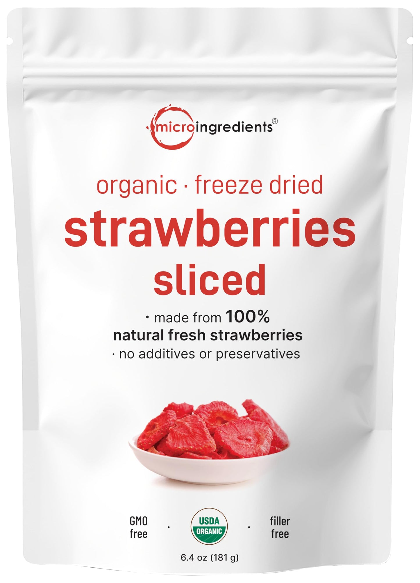 Micro Ingredients Organic Freeze Dried Strawberries, 6.4oz, No Sugar, Non-GMO, Vegan, Healthy Snack & Topping