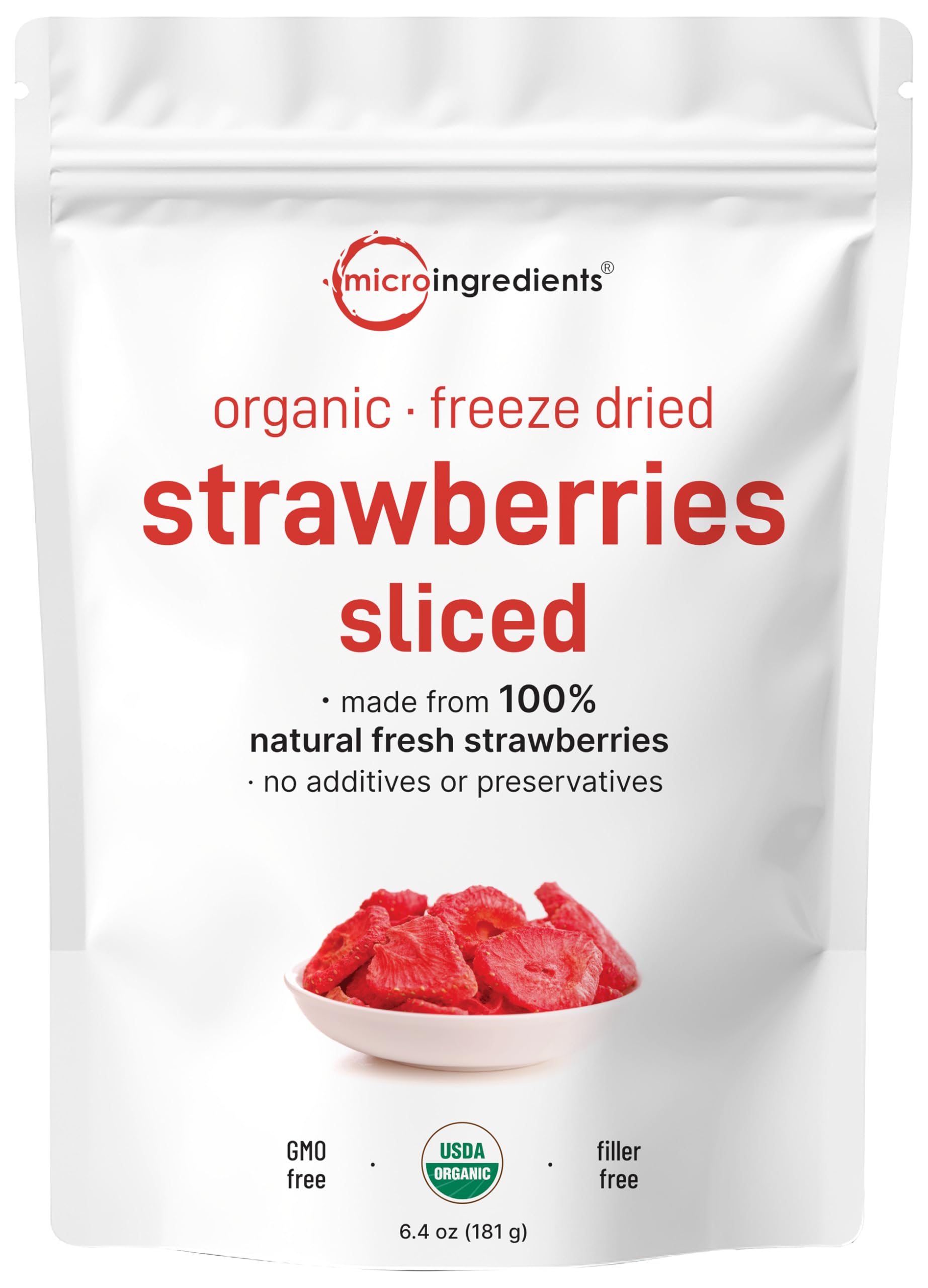 Micro Ingredients Organic Freeze Dried Strawberries, 6.4oz, No Sugar, Non-GMO, Vegan, Healthy Snack & Topping