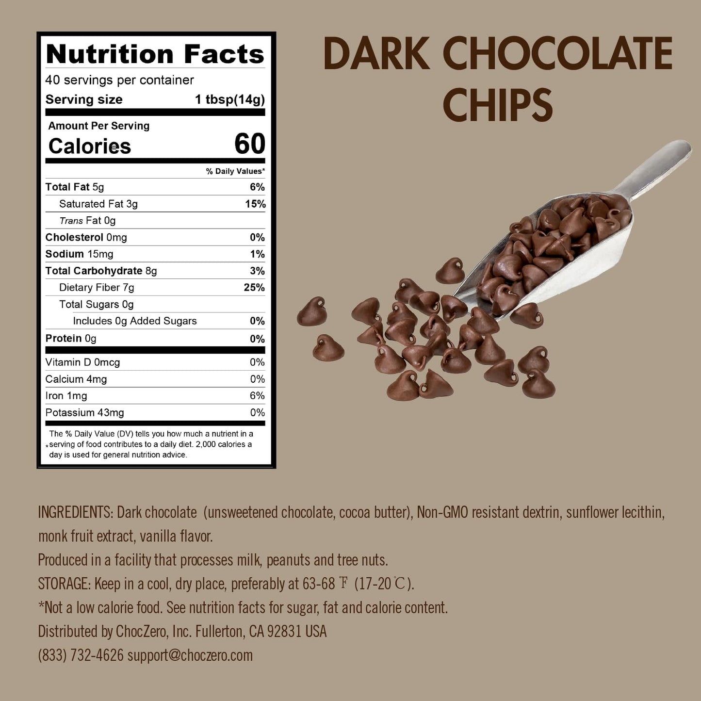 ChocZero Dark Chocolate Chips - Sugar Free, Low Carb, Keto Friendly - 20 Ounce Bulk Bag for Baking