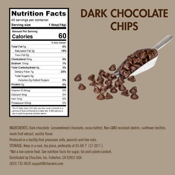 Choczero Dark Chocolate Chips - Sugar Free, Low Carb, Keto Friendly, Gluten Free - 20 Ounce Bulk Bag For Baking Keto Diet Cookie