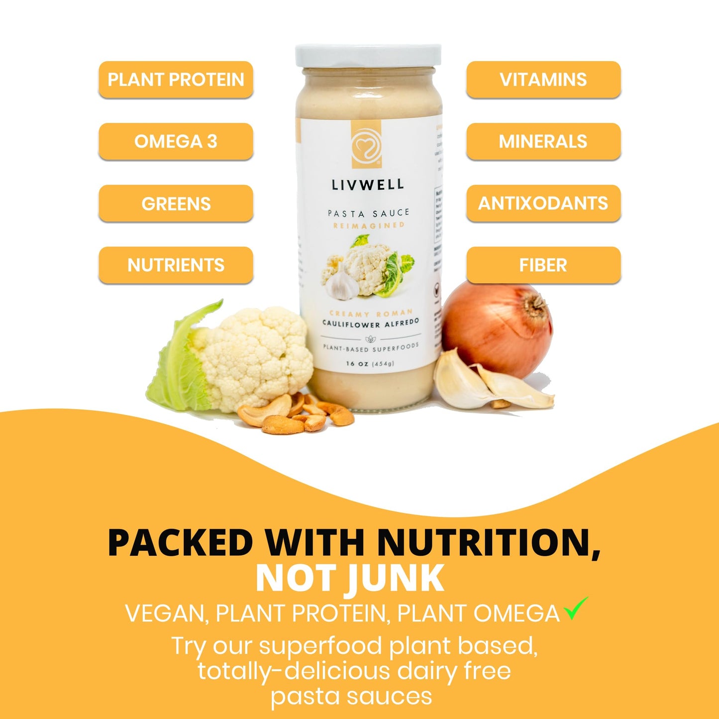 Livwell Dairy-Free Cauliflower Pasta Sauce - Pack Of 6 Plant Based Vegan Alfredo Pasta Sauce With Cauliflower, Roasted Garlic &