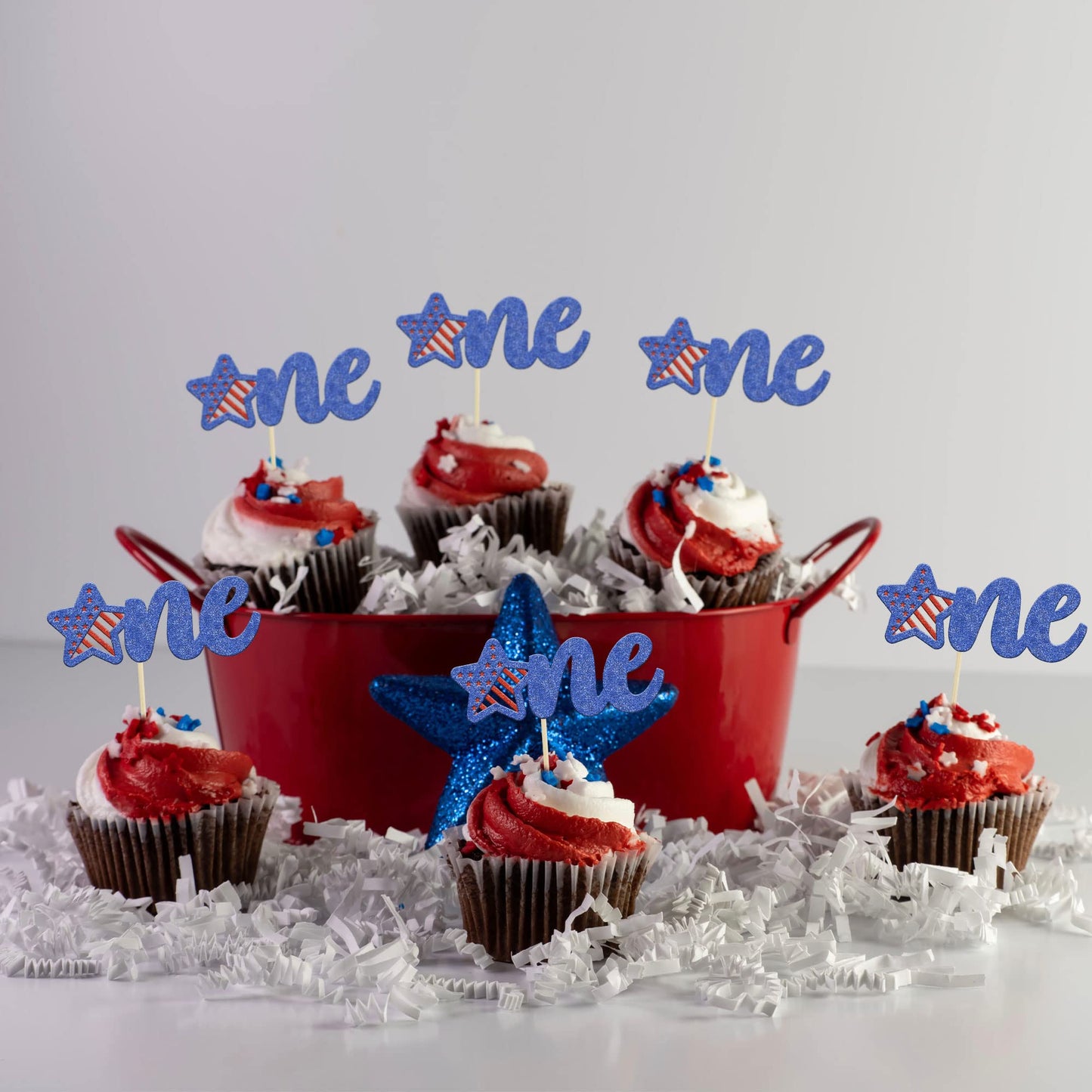 Gyufise 24Pcs Glitter Patriotic One Cupcake Toppers 4Th Of July Patriotic 1St Birthday Cake Decorations For 4Th Of July 1St Birt