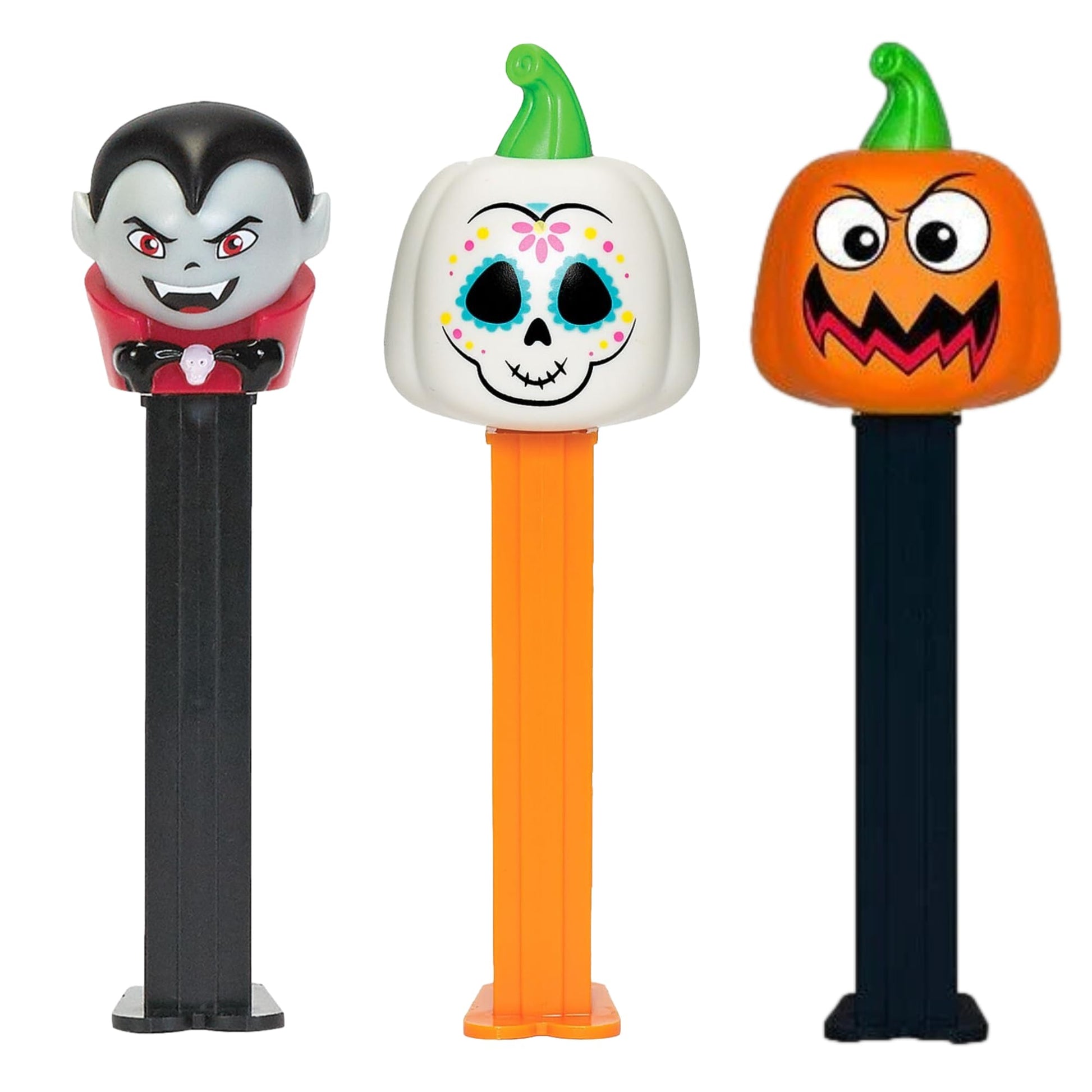 PEZ Halloween Candy Dispensers Set - Vampire, Scary Pumpkin, and Day Of The Dead Pumpkin Haloween PEZ Dispensers With Extra Cand