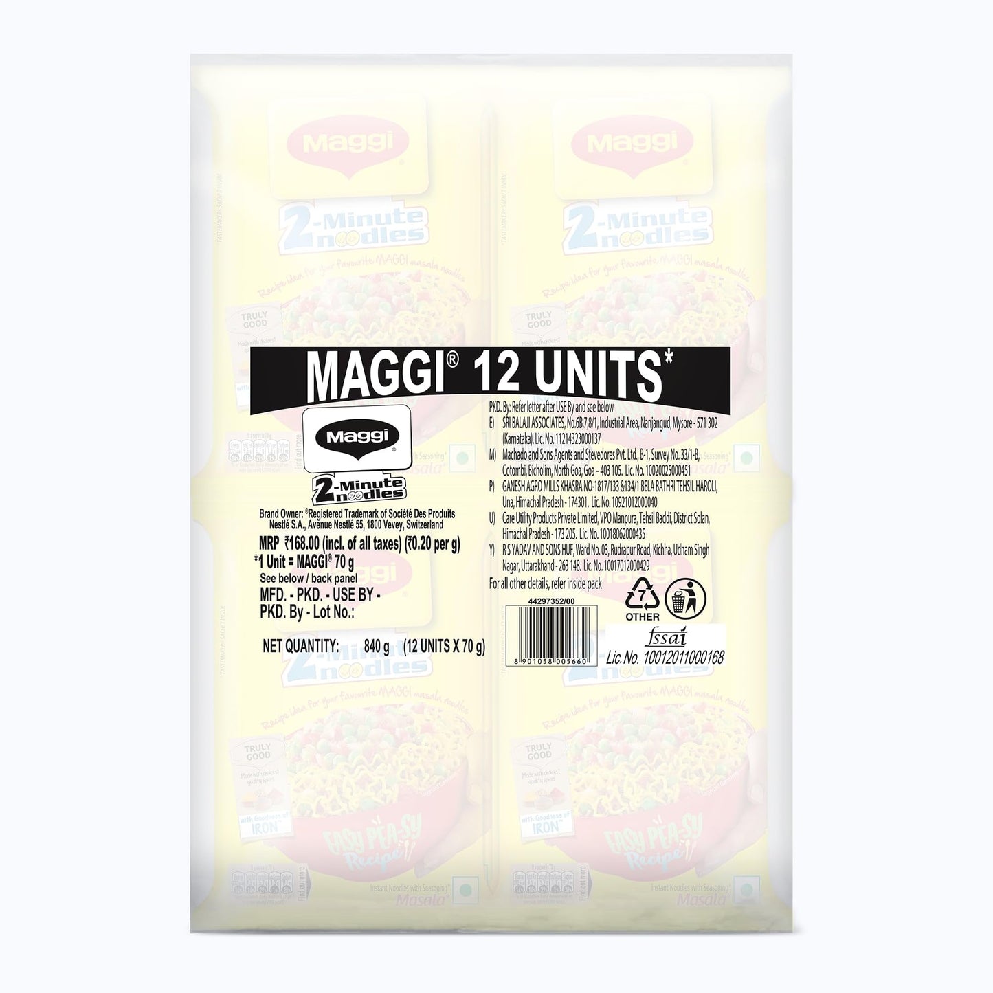 Maggi 2 Minutes Noodles Masala, 70 Grams Pack (2.46 Oz)- 12 Pack - Made In India