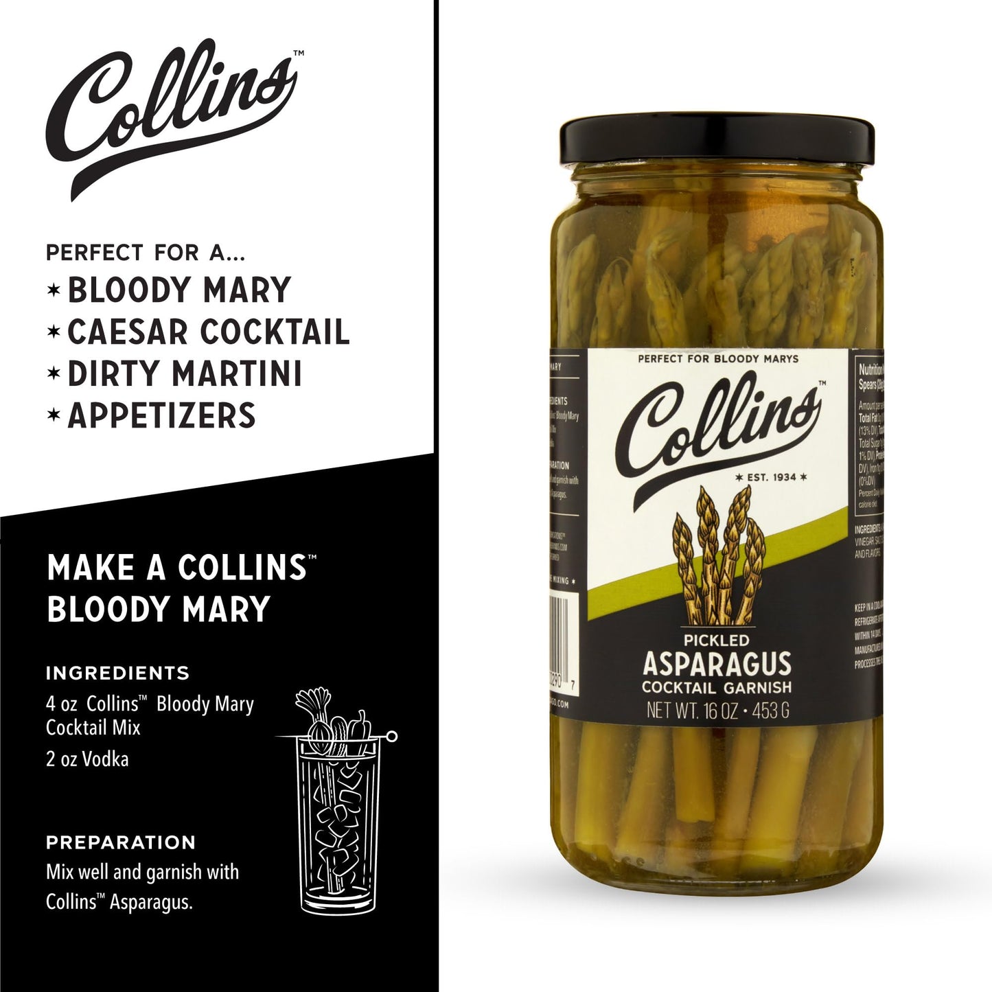 Collins Gourmet Pickled Asparagus Spears in Glass Jar, 16oz, Black Lid, Premium Garnish for Cocktails and Salads