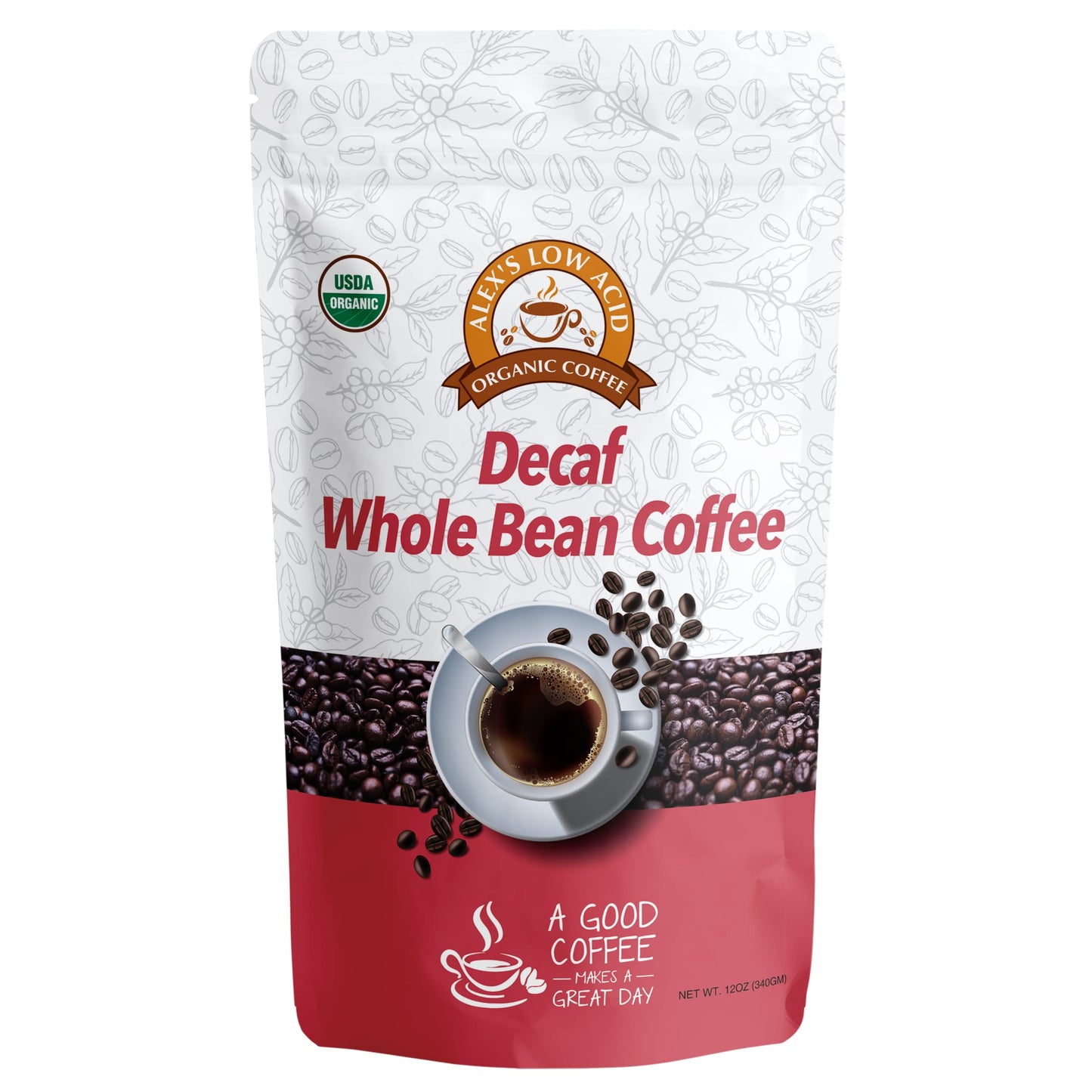 AlexS Low Acid Organic Coffee 12Oz Bag - Whole Bean Decaf (Pack Of 1)