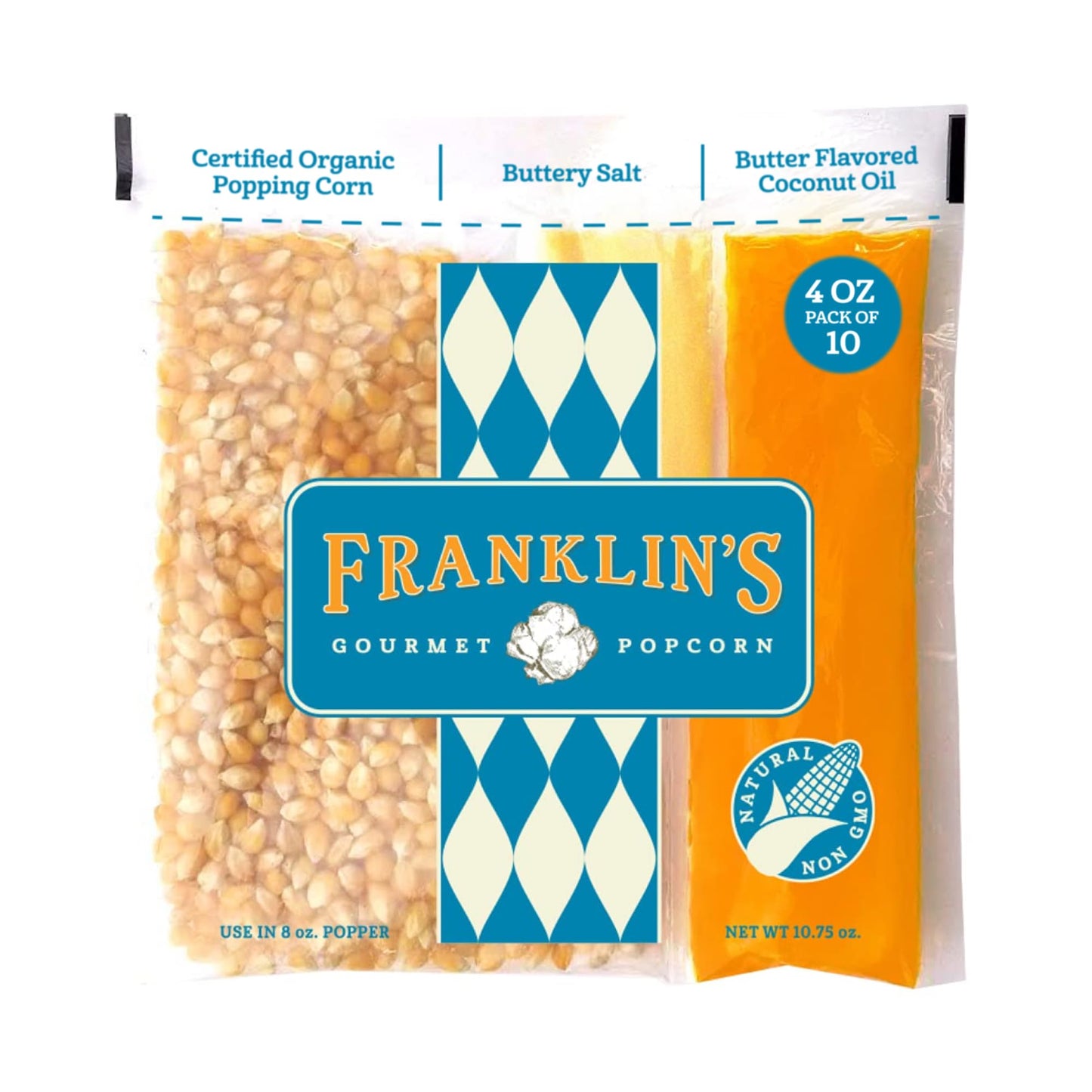 Franklins Gourmet Popcorn All-In-One Pre-Measured Packs - 4oz. Pack of 10 - Butter Flavored Coconut Oil + Butter Salt Popcorn Se