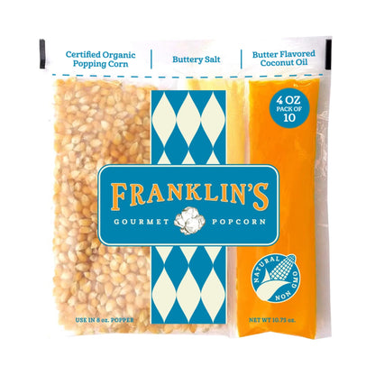 Franklins Gourmet Popcorn All-In-One Pre-Measured Packs - 4oz. Pack of 10 - Butter Flavored Coconut Oil + Butter Salt Popcorn Se