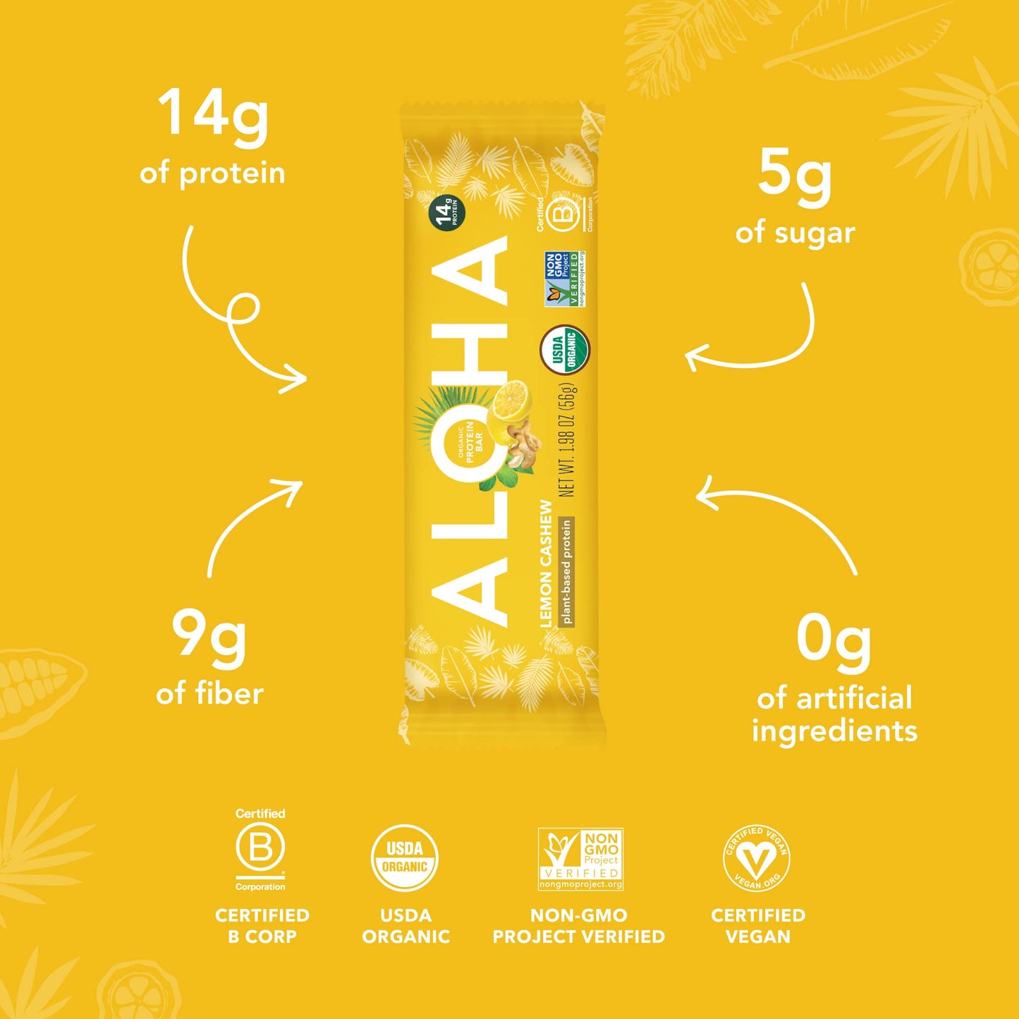 ALOHA Organic Plant Based Protein Bars - Lemon Cashew - 12-Count - Vegan, Low Sugar, Gluten-Free, Paleo, Low Carb, Non-GMO, No S
