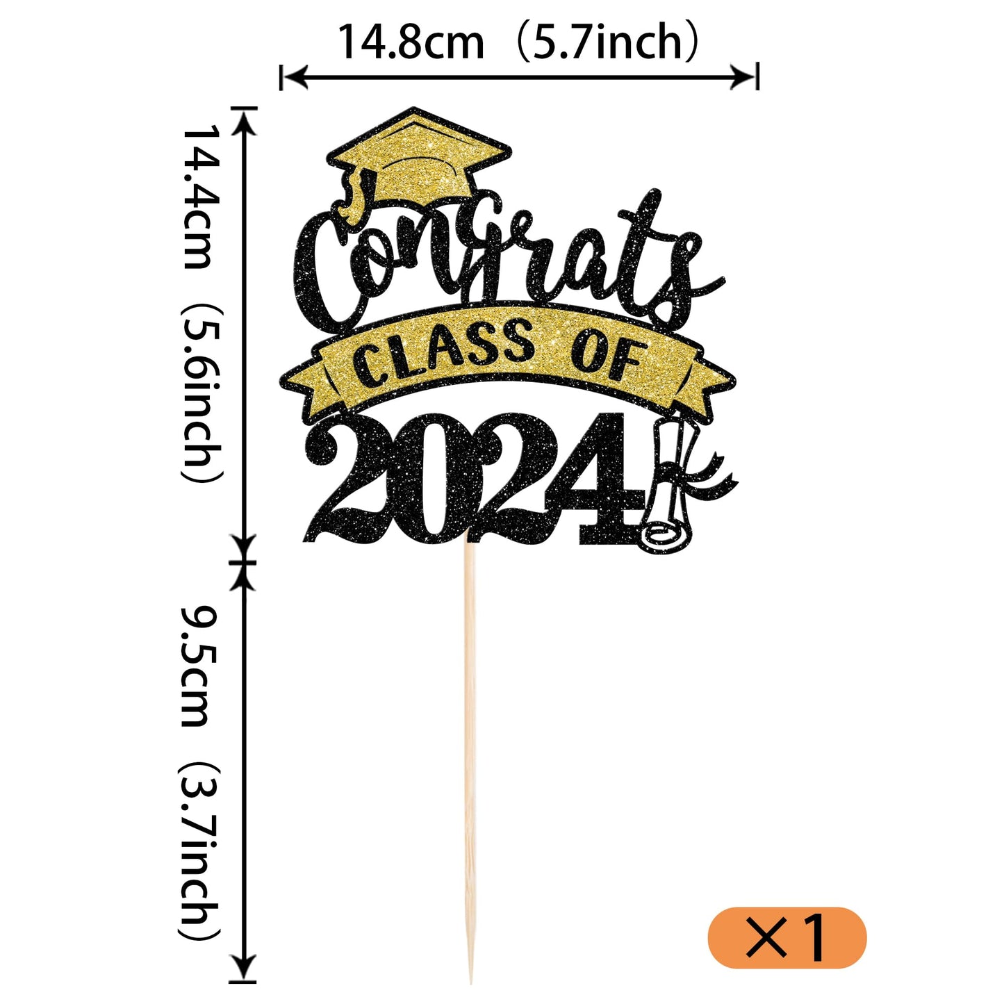 YCTHUNFISH Graduation Cake Topper, Gold Black Glitter, Class of 2024, Small, Bamboo Material