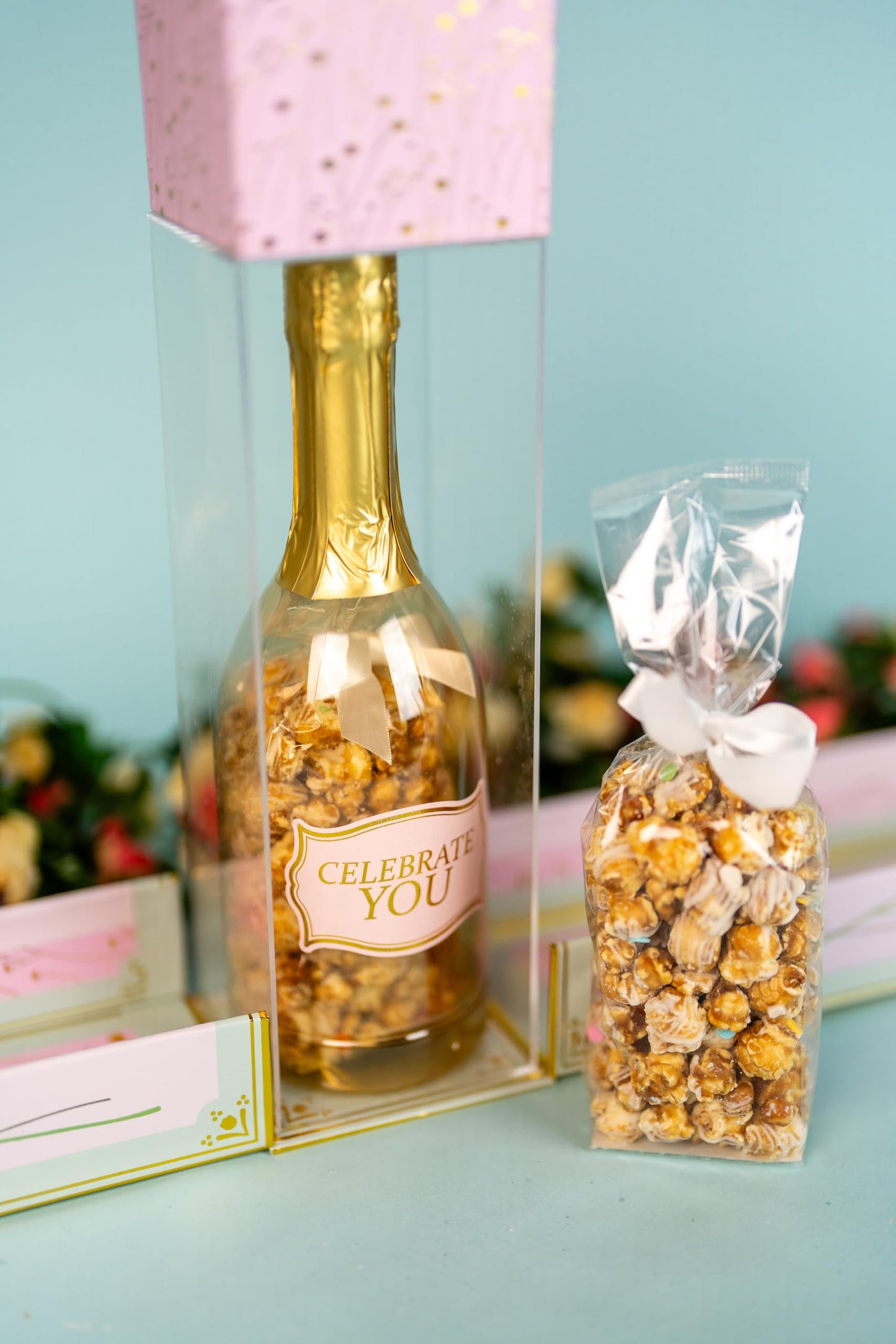 Birthday Floral Bubble Box With Caramel White Chocolate Popcorn By Send A Cake, Ready To Gift, No Assembly Required - Unique Happy Birthday Gift For Women, Men, Sister, Mom, Dad, Best Friend