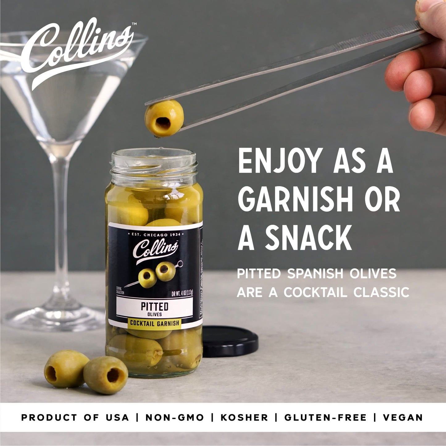 Collins Pitted Olives - Popular Garnish for Cocktails and Snacks, 4oz, Black, Model O255
