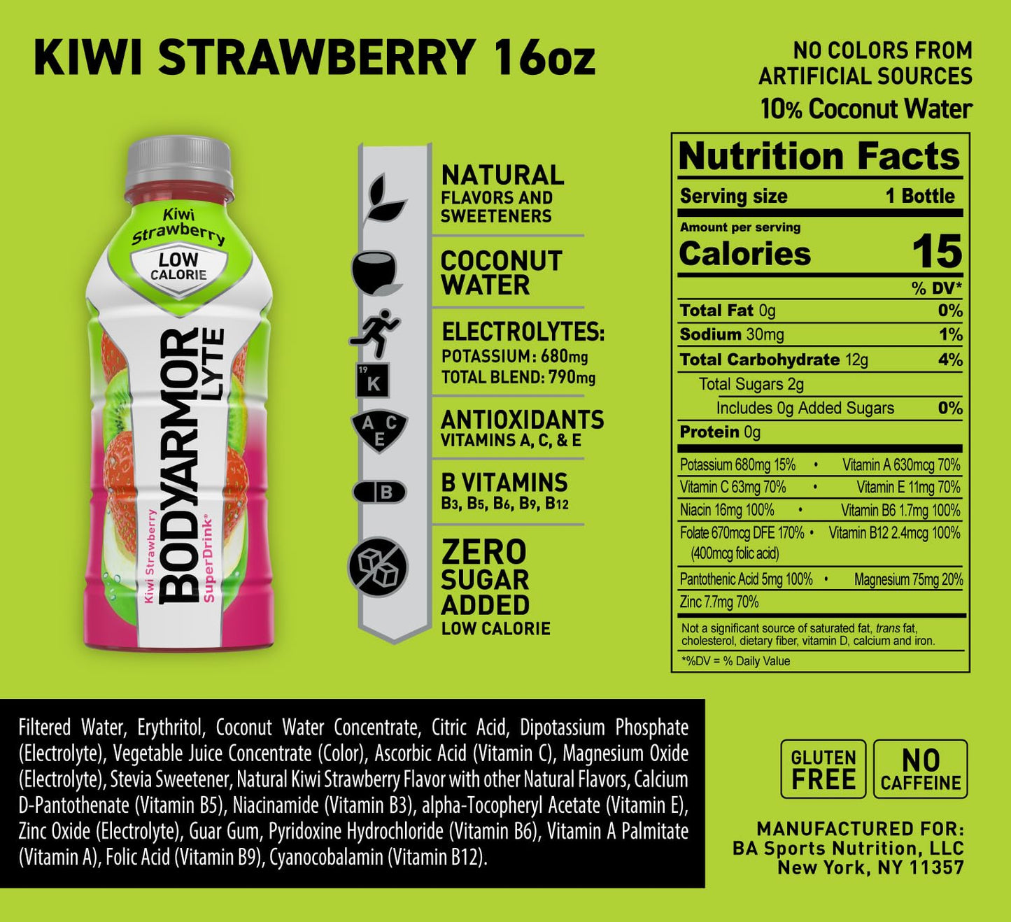 BODYARMOR LYTE Low-Calorie Sports Drink, Kiwi Strawberry, Coconut Water, Natural Flavors, Vitamins, Electrolytes, 16 Fl Oz (12 P