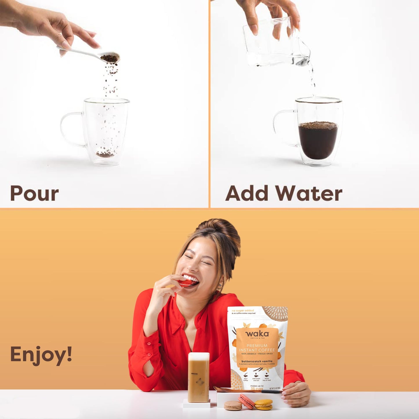 Waka Instant Coffee, Butterscotch Vanilla Flavored - 100% Arabica Beans, Freeze Dried Granules, No Additives - Bulk Bag For Quic