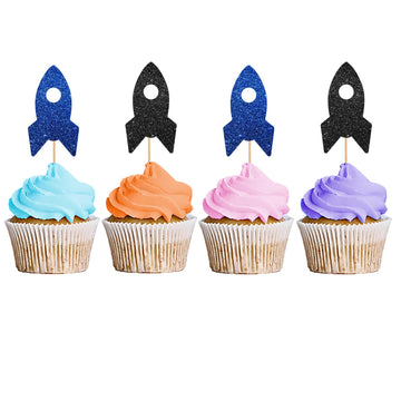 24Pcs Rocket Ship Cupcake Toppers, Baby Shower Party Decor For Boys, Astronaut Dessert Picks, Outer Space Themed Birthday Party 