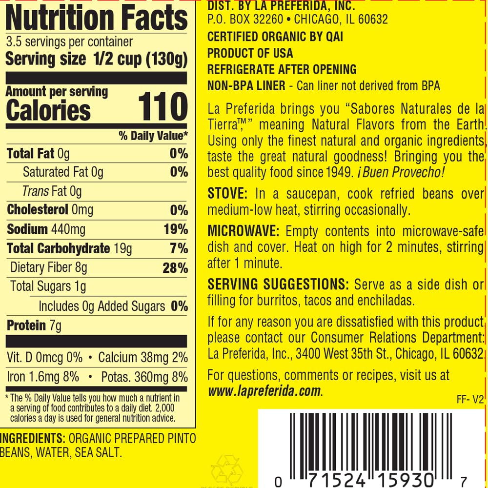 LA PREFERIDA Organic Refried Pinto Beans, 100% Vegan, 15 oz. (Pack of 18), USDA Certified, 9g Protein, 5g Fiber