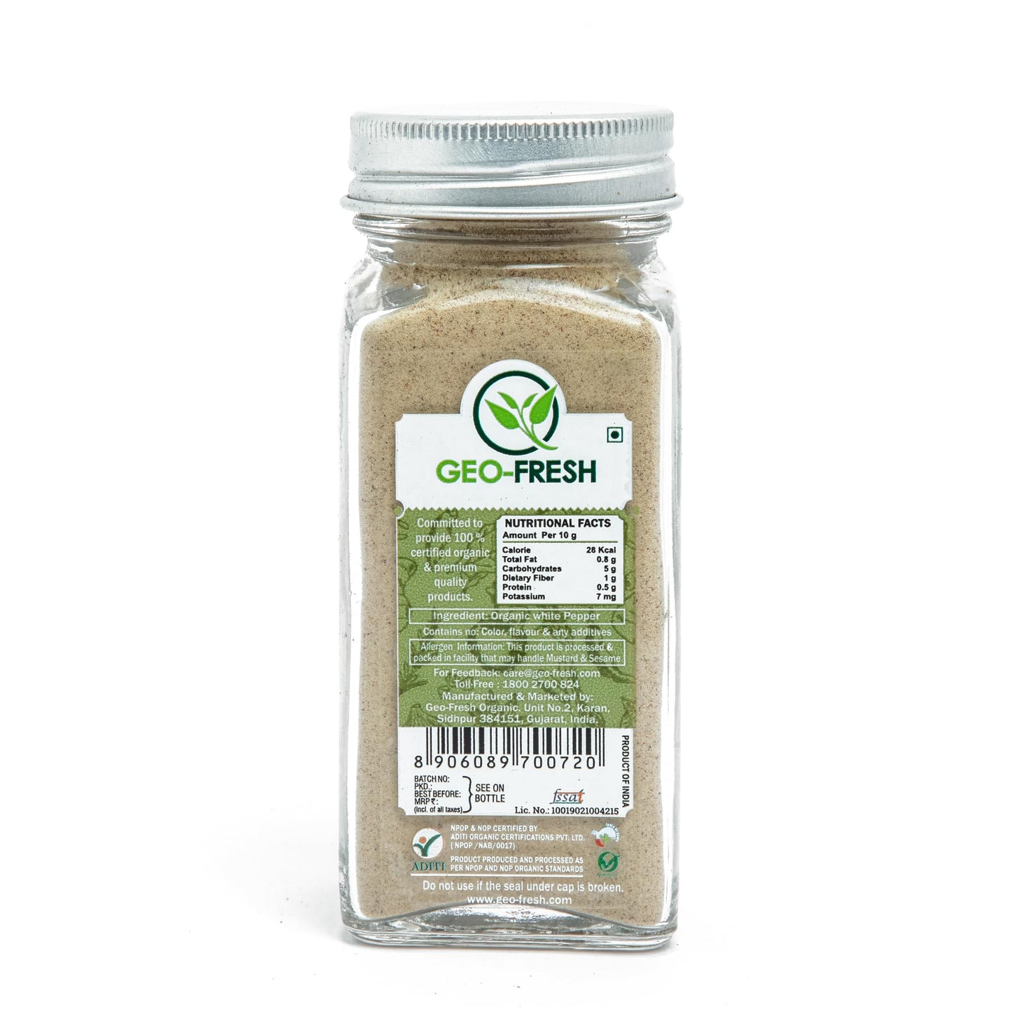 Geo-Fresh Organic White Pepper Powder, 1.94 Oz (55G) | White Peppercorn Powder | Spices & Seasoning | 100% Organic, Gluten Free,