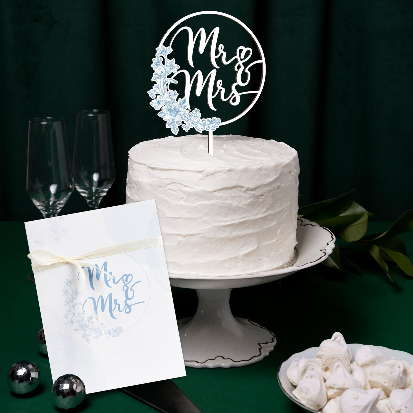 Mr & Mrs Cake Topper Greeny Wedding Cake Topper In Wood, Newly Wed Cake Toppers, Wedding Cake Toppers Bride And Groom, Toile De Jouy Decorations, Something Blues Gifts (Toile De Jouy)