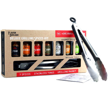 Deluxe Grilling Gift for Men - BBQ Accessories - Gourmet Spice Blends & Seasonings, Tongs, BBQ Magnet, Meat Rubs, Unique Gift fo