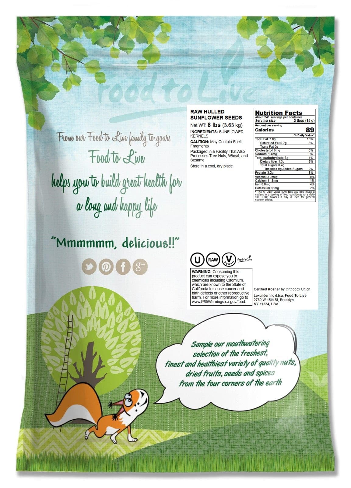 Food To Live Sunflower Seeds, 8 Pounds - Non-Gmo Verified, Kernels, No Shell, Kosher, Raw, Vegan, Sirtfood, Bulk