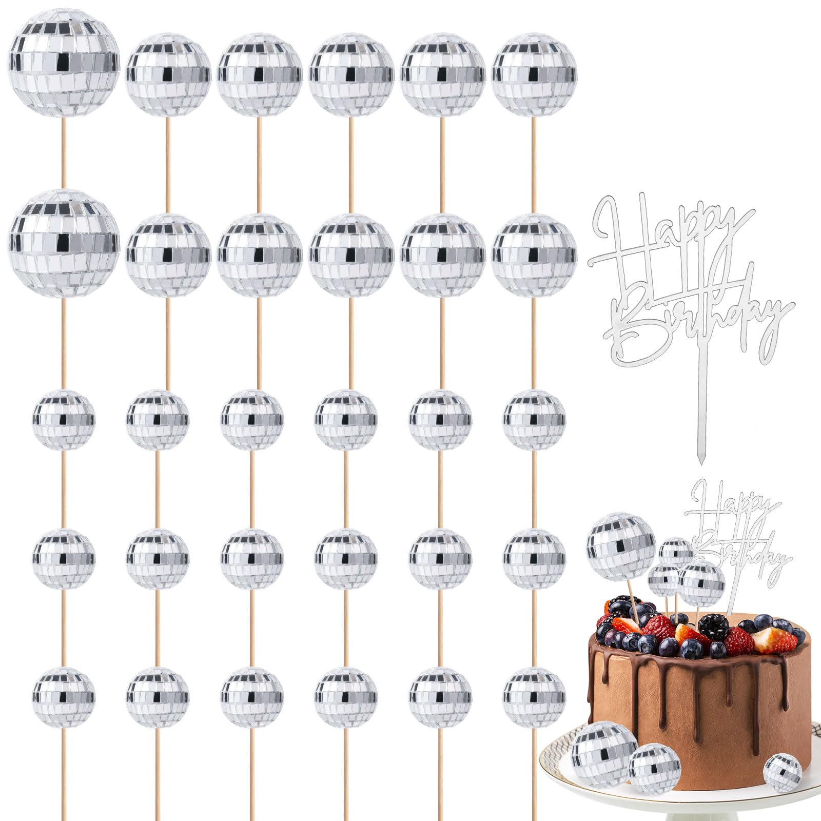 PEUTIER 31pcs Disco Ball Cupcake Toppers, Silver, Foam, Includes Acrylic Happy Birthday Sign, Various Sizes