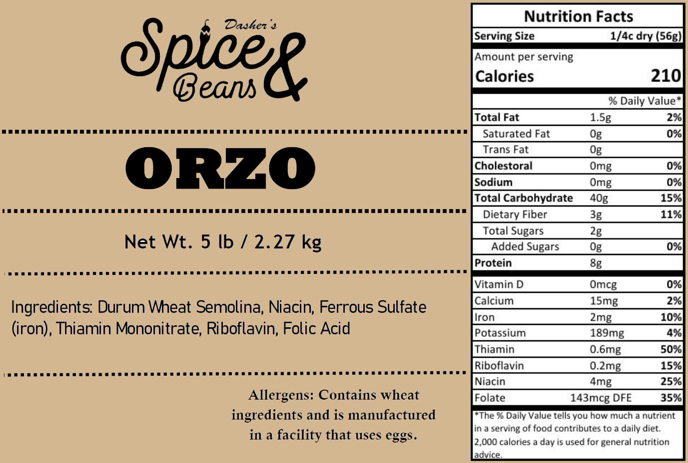 Dasher'S Spice & Beans Orzo Pasta Noodles | 100% Durum Semolina Flour | Made In America | 5 Lb.