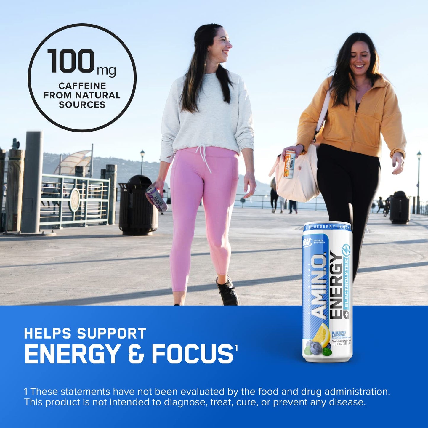 Optimum Nutrition Amino Energy Sparkling Hydration Drink  Electrolytes  Caffeine  Amino Acids  BCAAs  Sugar Free  Blueberry Lemonade  12 Fl Oz  12 Pack (Packaging May Vary)