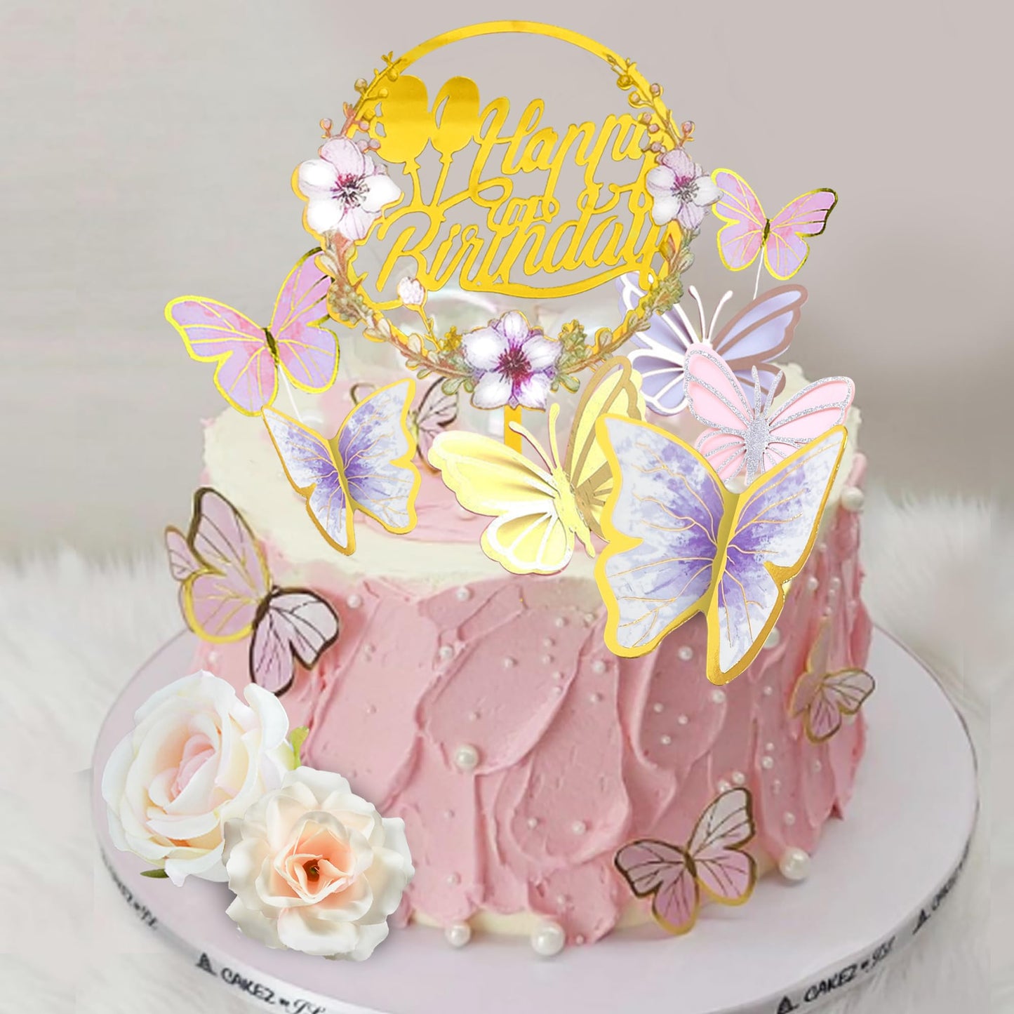 Drwate 35Pcs Butterfly Cake Topper Butterfly Cake Decorations With Artificial Flowers For Women Girls Birthday Anniversary Party