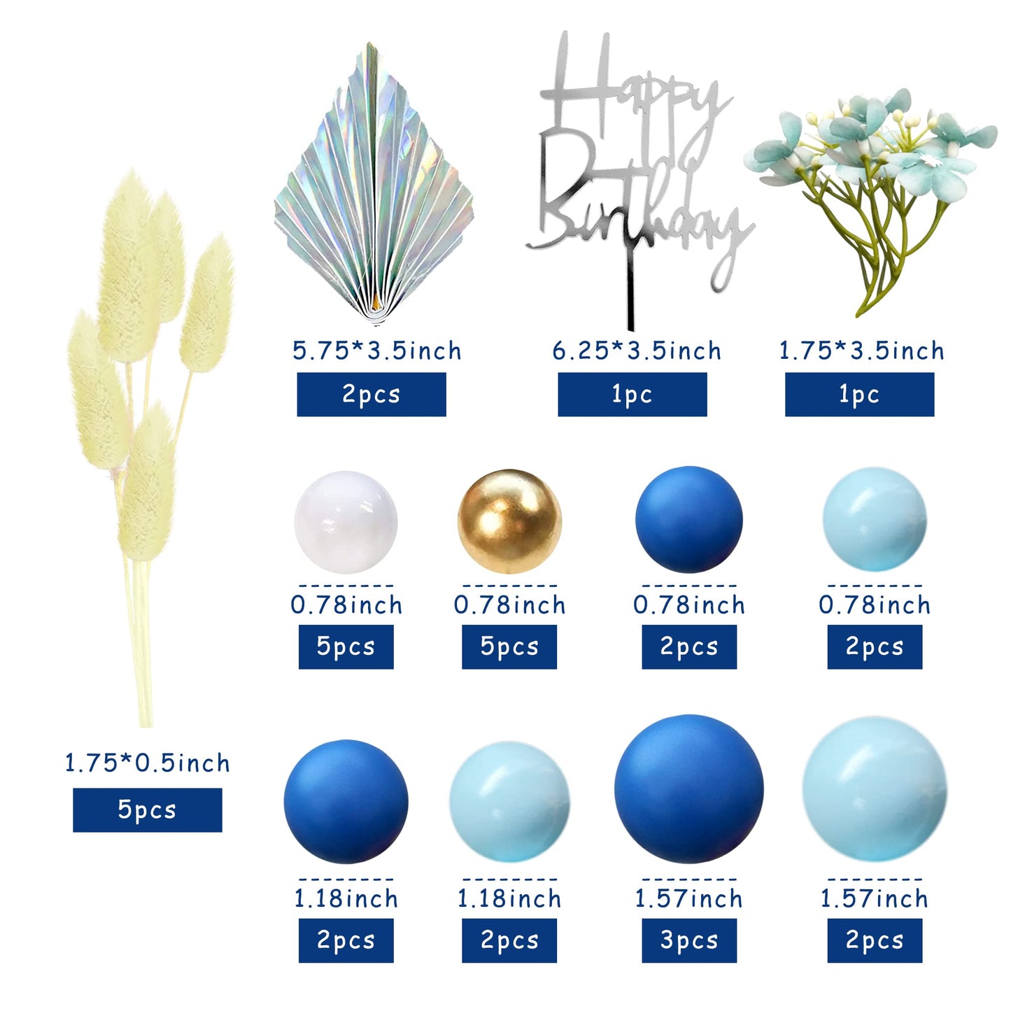 Flower Boho Cake Topper Ball Cake Decorations Navy Blue Balls Happy Birthday Boho Grass Cake Toppers For Wedding Baby Shower Bir
