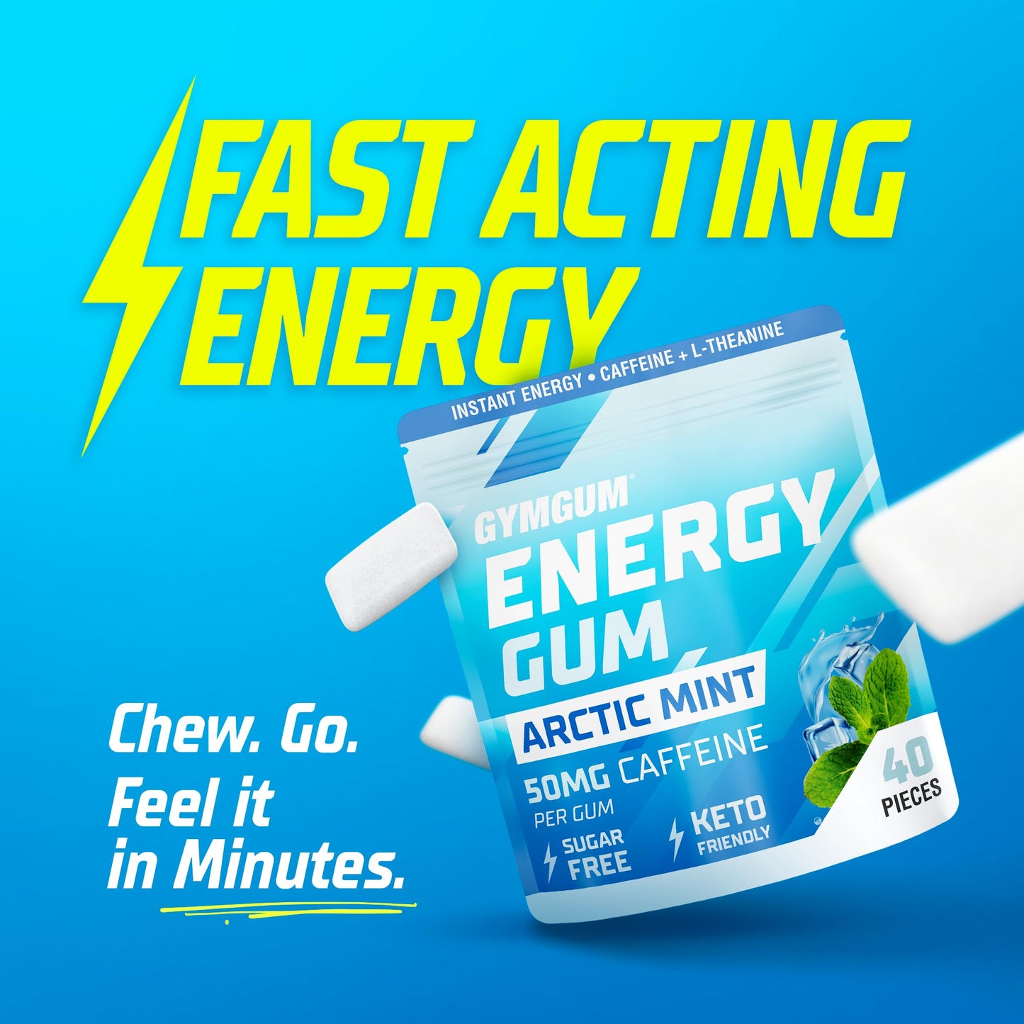 GYMGUM Energy Caffeine Gum | 50mg Caffeine | Sugar-Free  Keto-Friendly |  Energy & Focus Gum with Guarana & L-Theanine (40 Count  Arctic Mint)