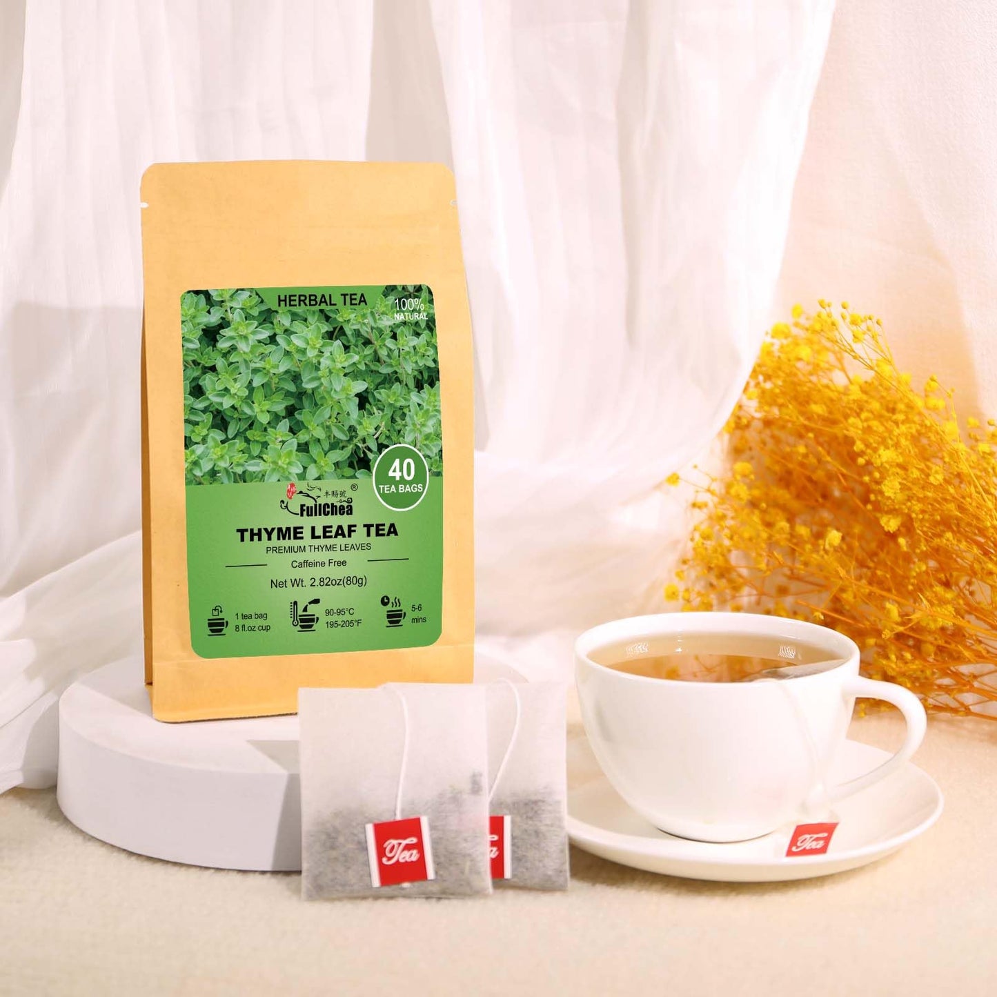 FullChea Thyme Tea Bags - Premium Non-GMO, Caffeine-Free, 40 Count