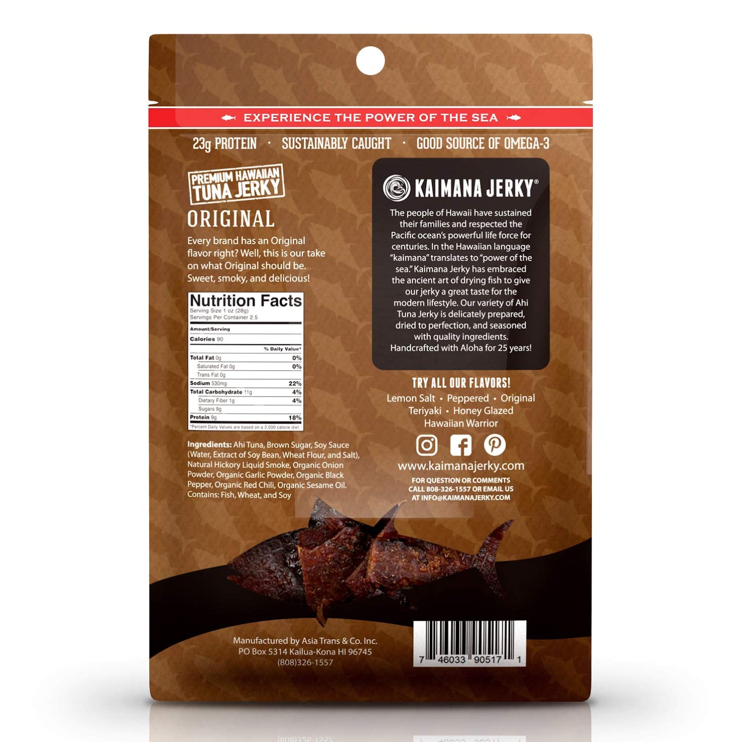 Kaimana Jerky Ahi Tuna Jerky - Original, All-Natural, 3 Pack (2 oz), Rich in Omega-3s, High Protein, Brown