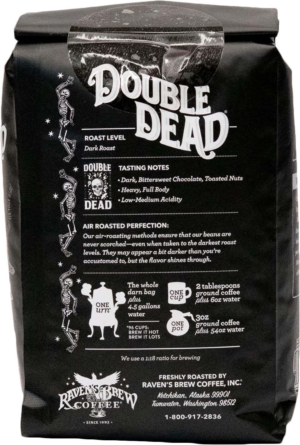 Ravens Brew Coffee Double Dead Dark Roast Whole Bean, High Caffeine, 32 oz (2 lb)